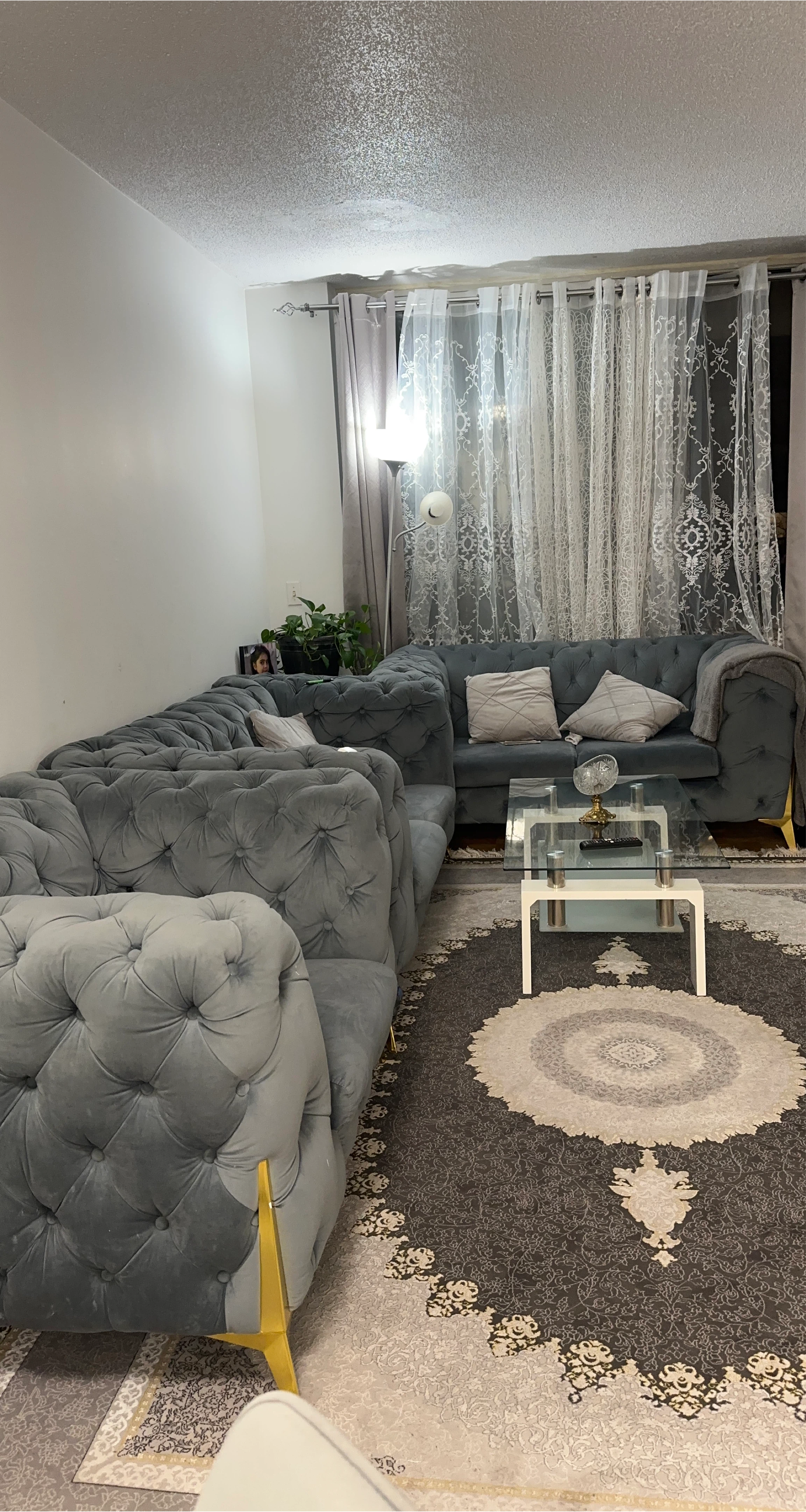 Grey Velvet Tufted Sectional Sofa