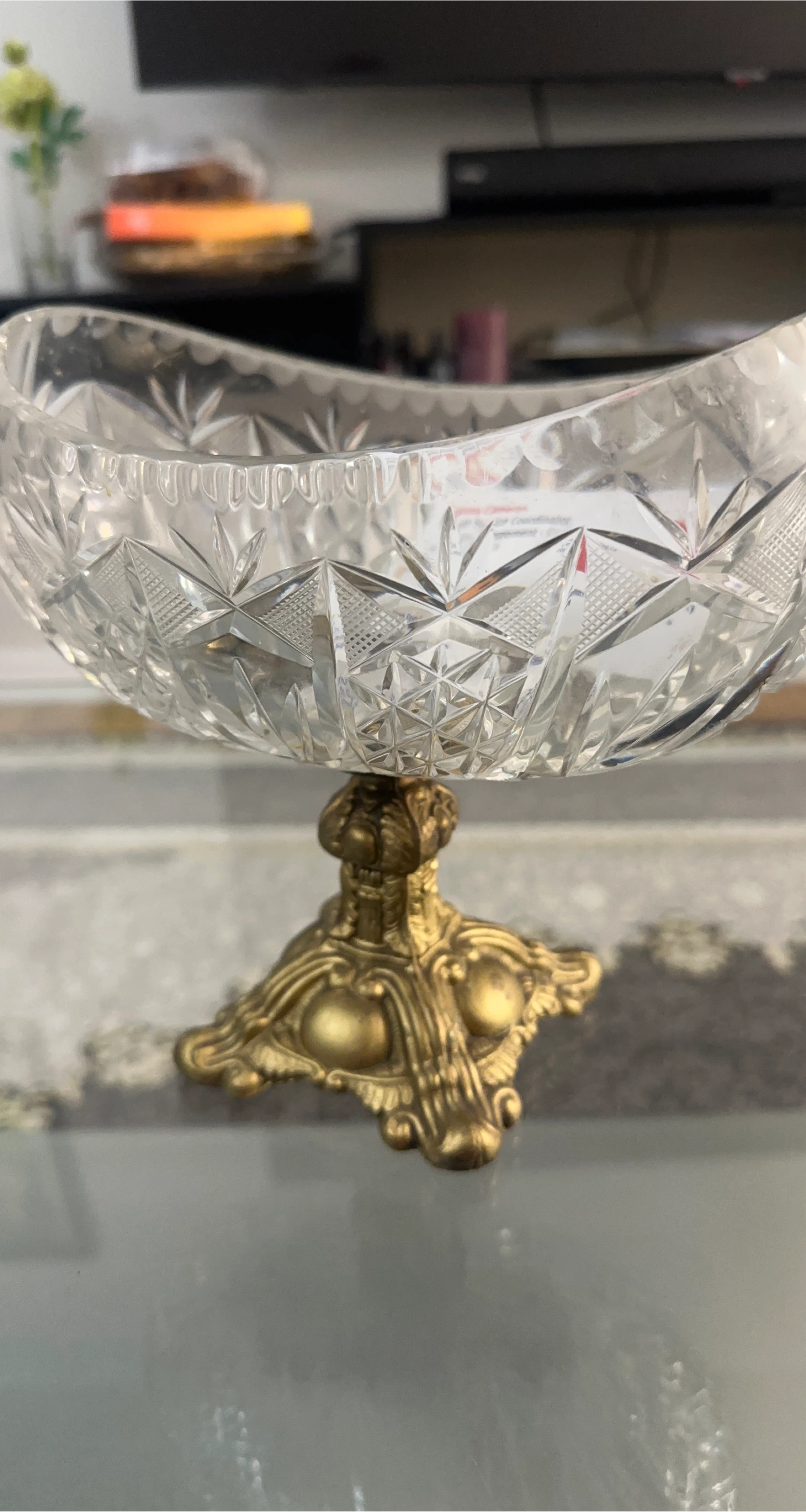 Crystal Fruit Bowl with Ornate Brass Stand
