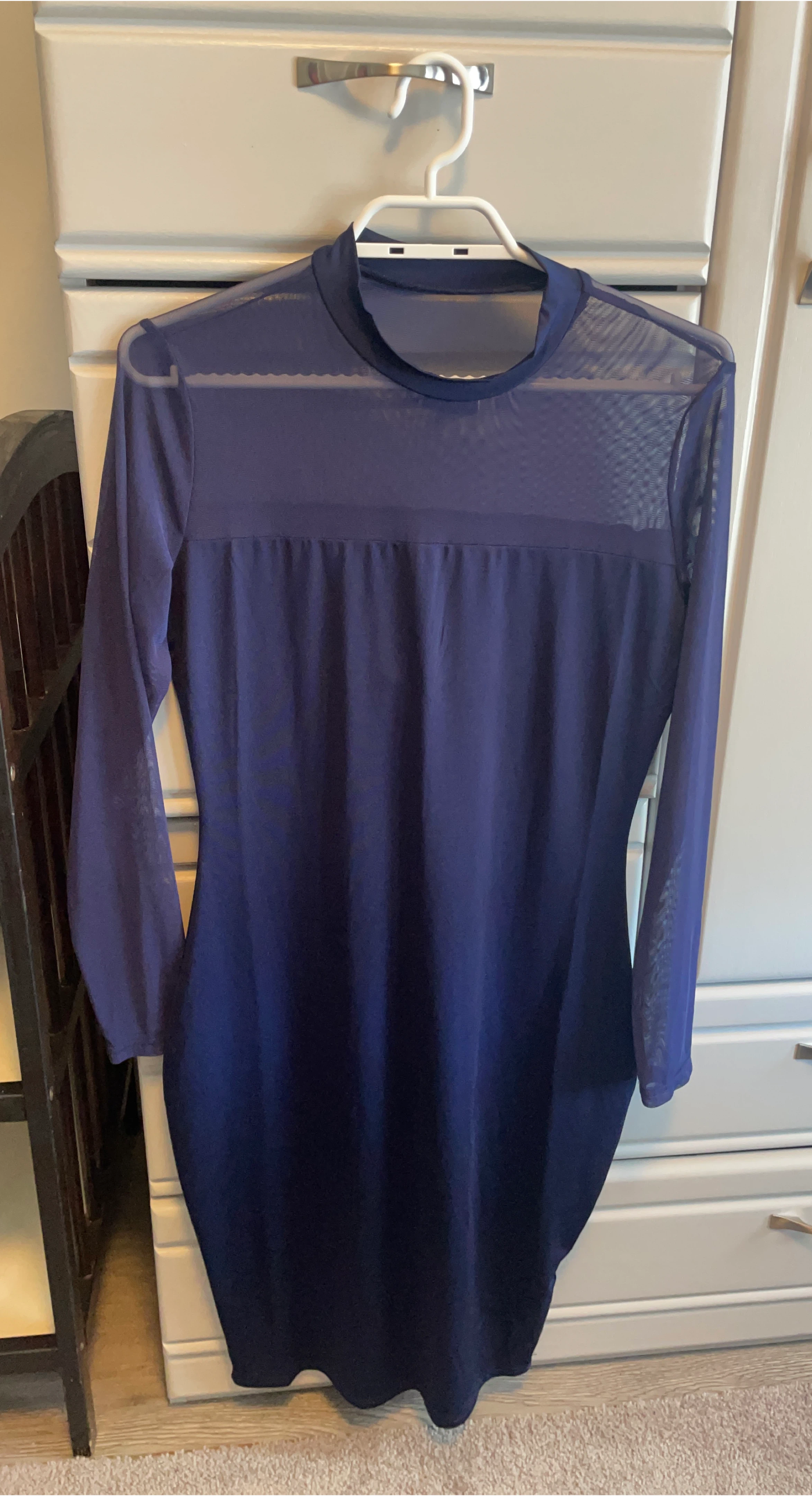 Navy Blue Long Sleeve Mesh Detail Dress
