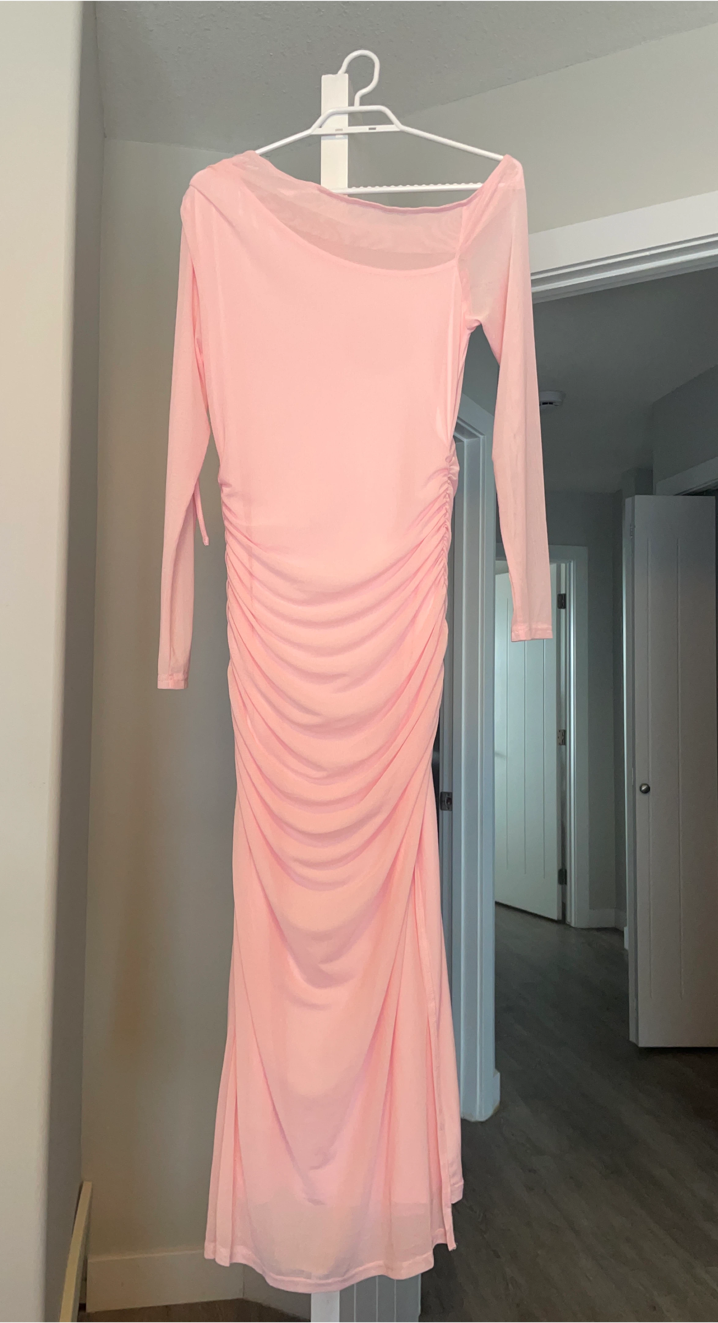Pink Ruched Mesh Maxi Dress