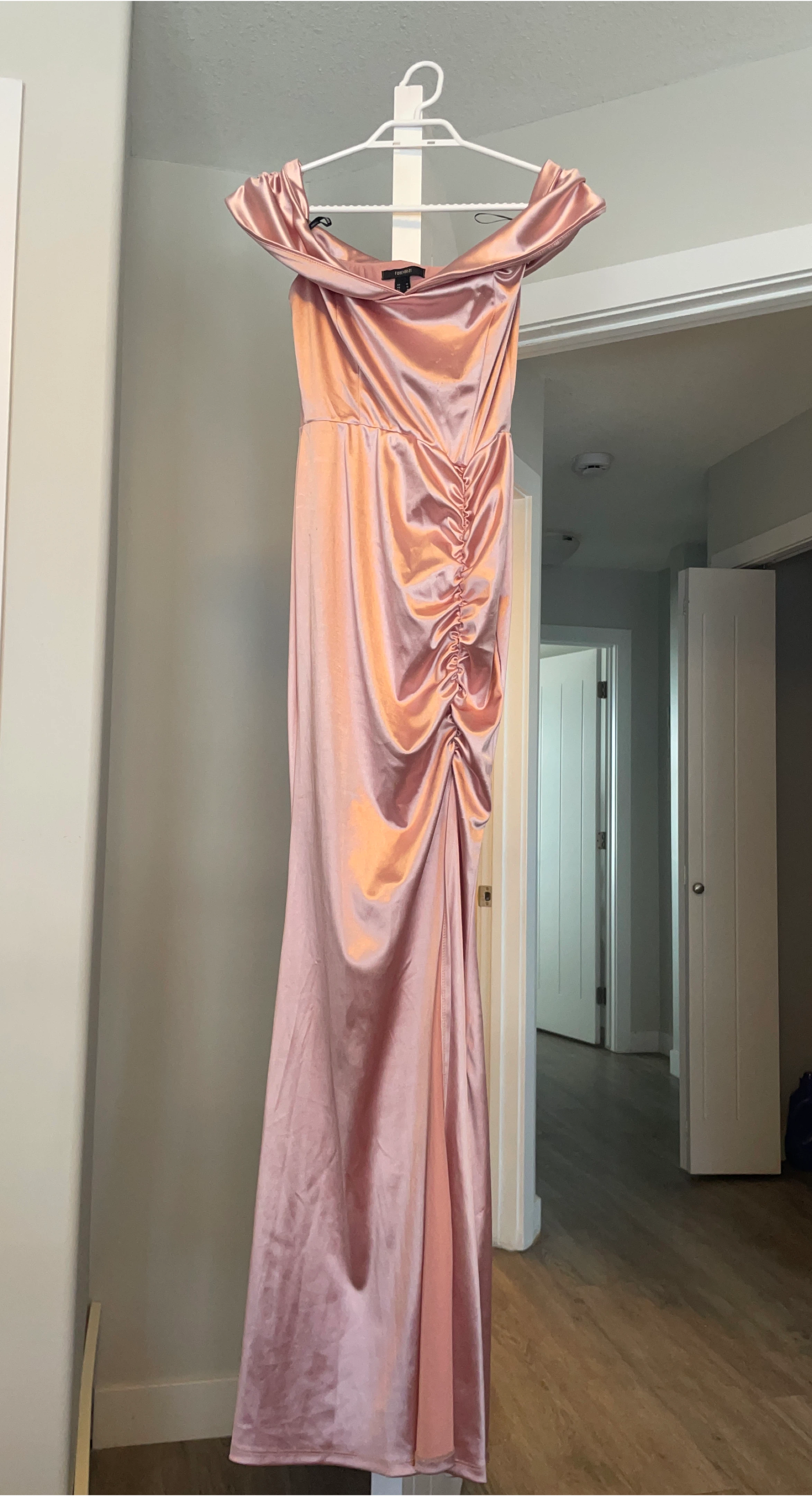 Forever 21 Pink Off-the-Shoulder Satin Maxi Dress