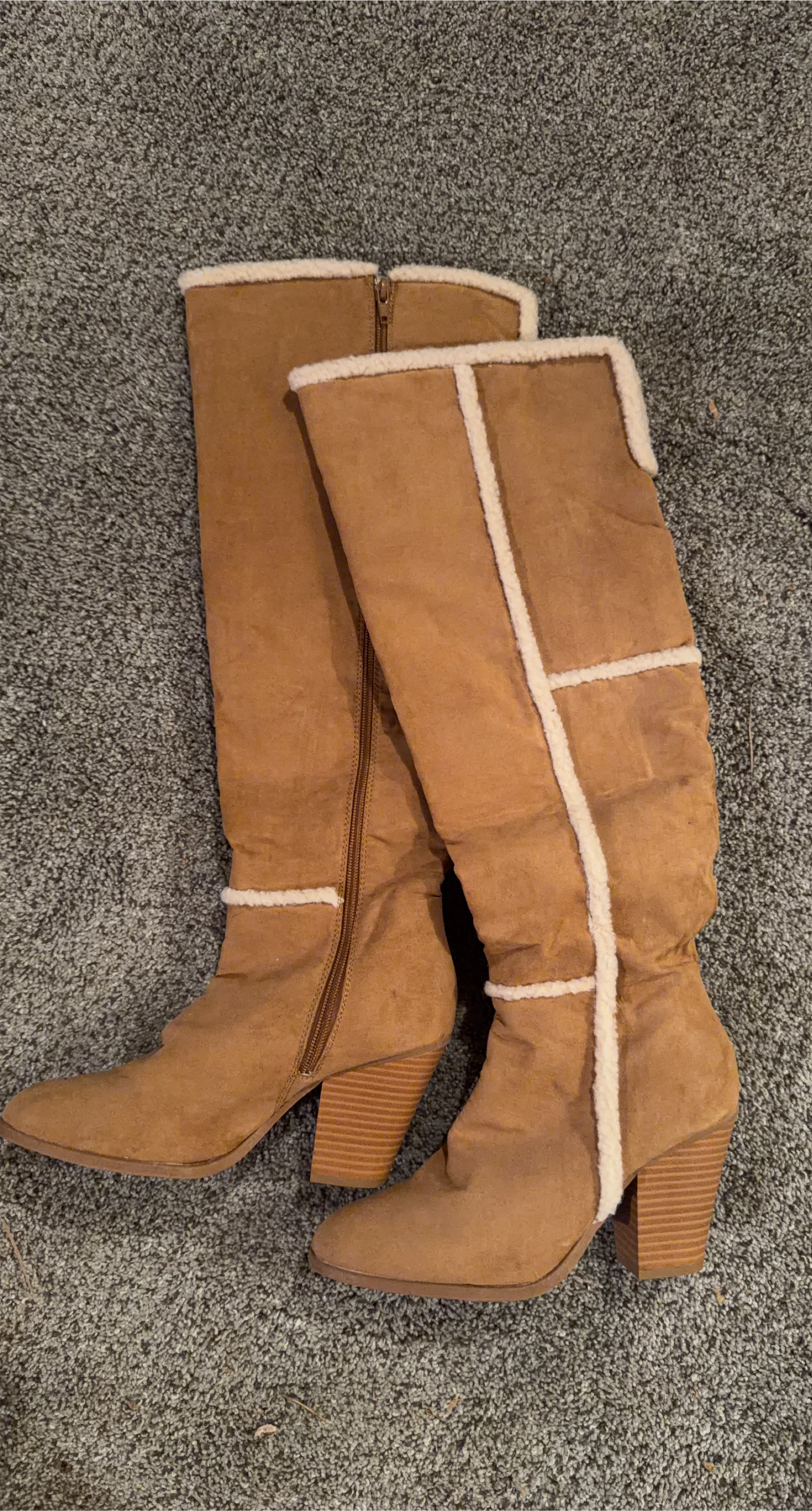 Brown Faux Suede Boots with White Trim - Size 9