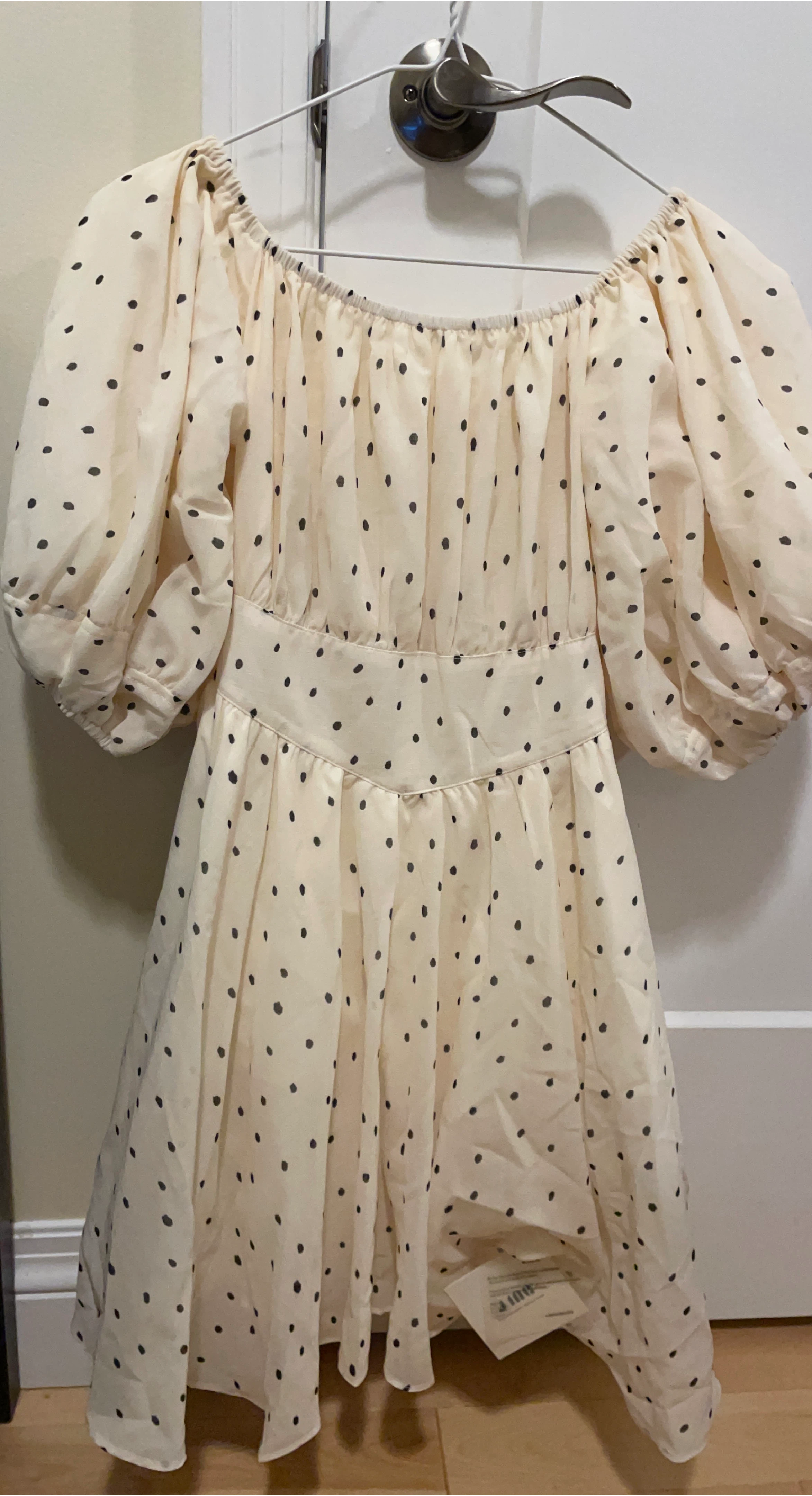 Cream Polka Dot Off-the-Shoulder Puff Sleeve Dress