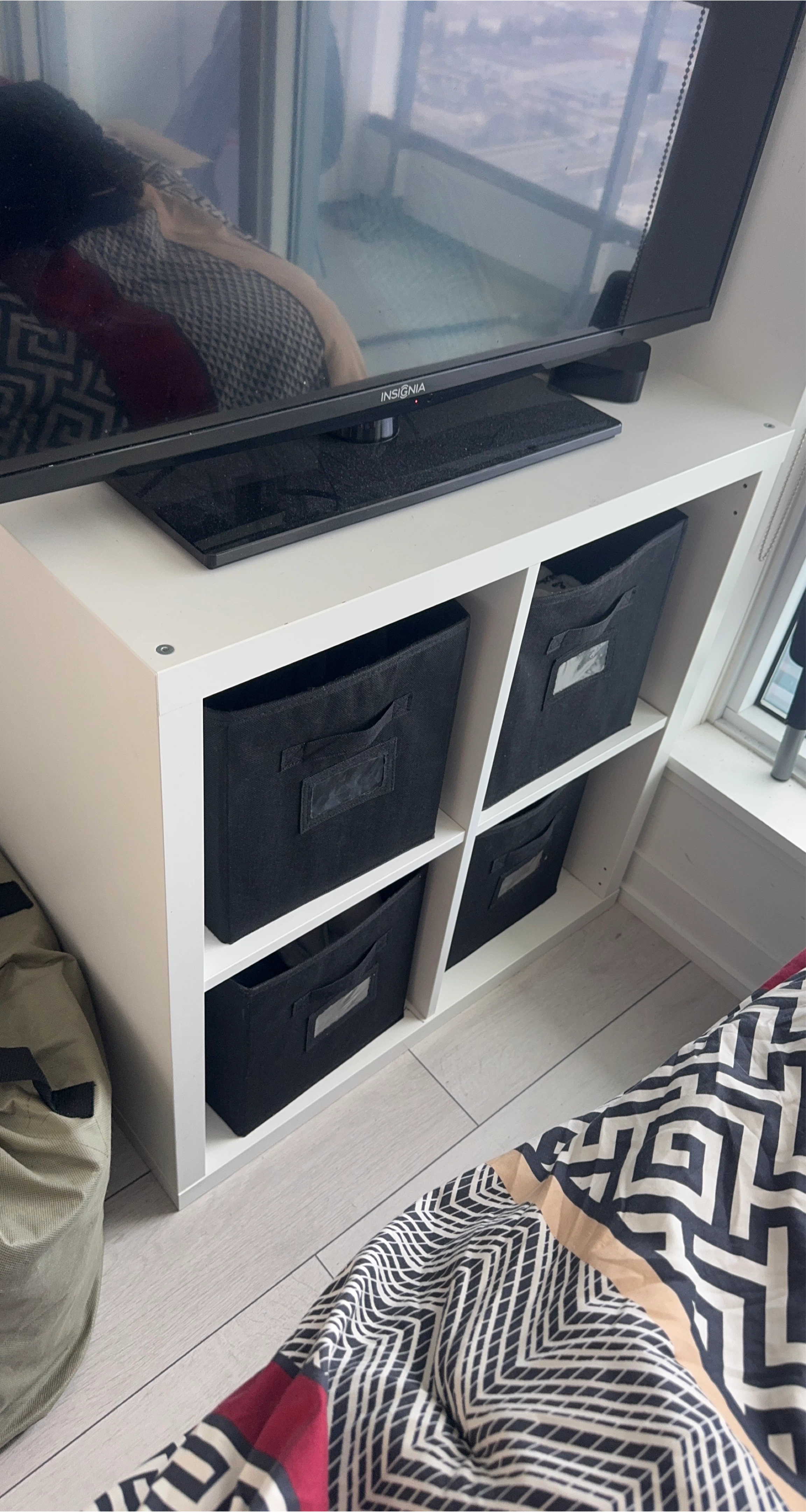 IKEA White Cube Storage Shelf with 4 Black Bins