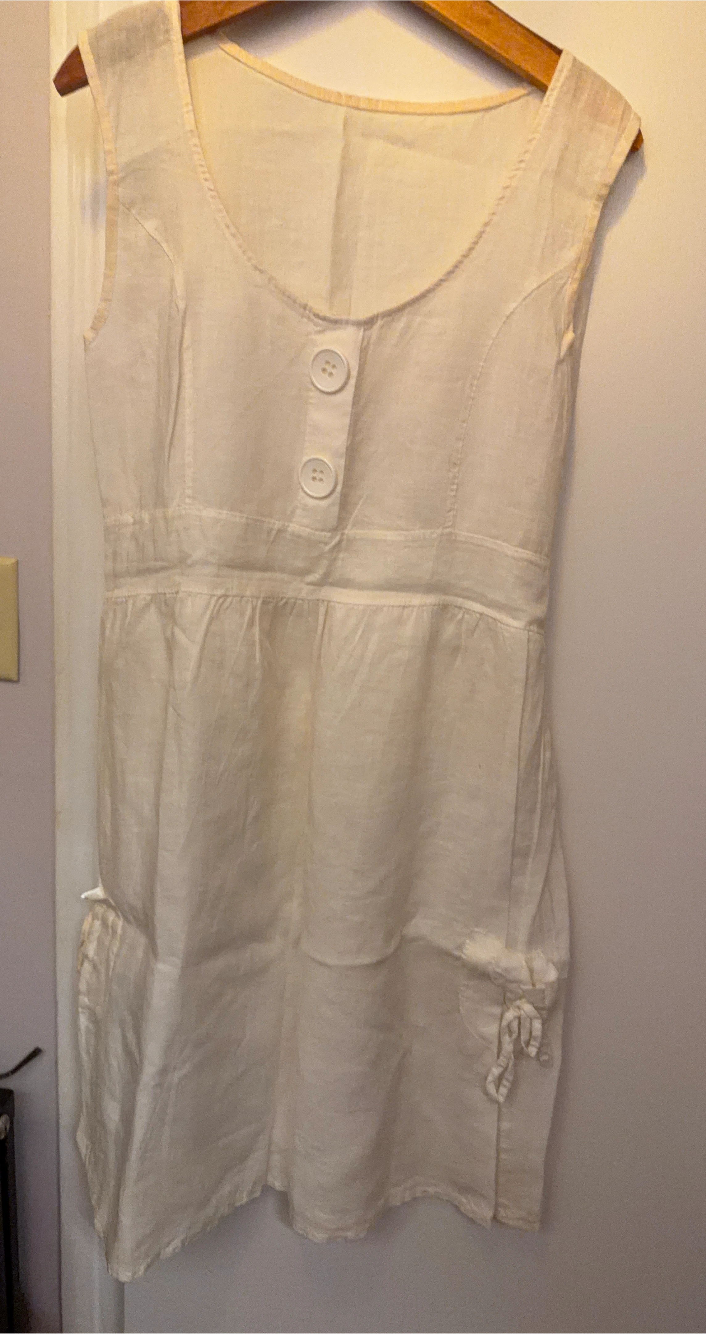 White Linen Sleeveless Dress with Buttons