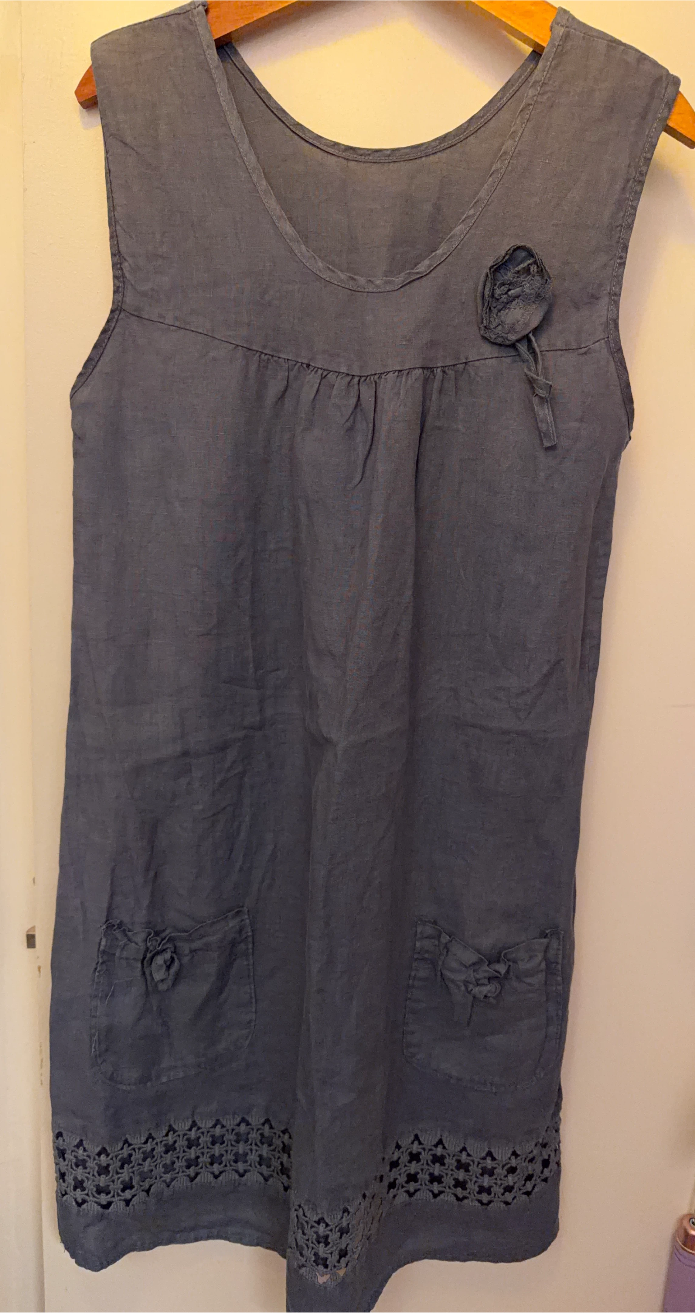 Women's Gray Linen Blend Sleeveless Dress with Crochet Trim