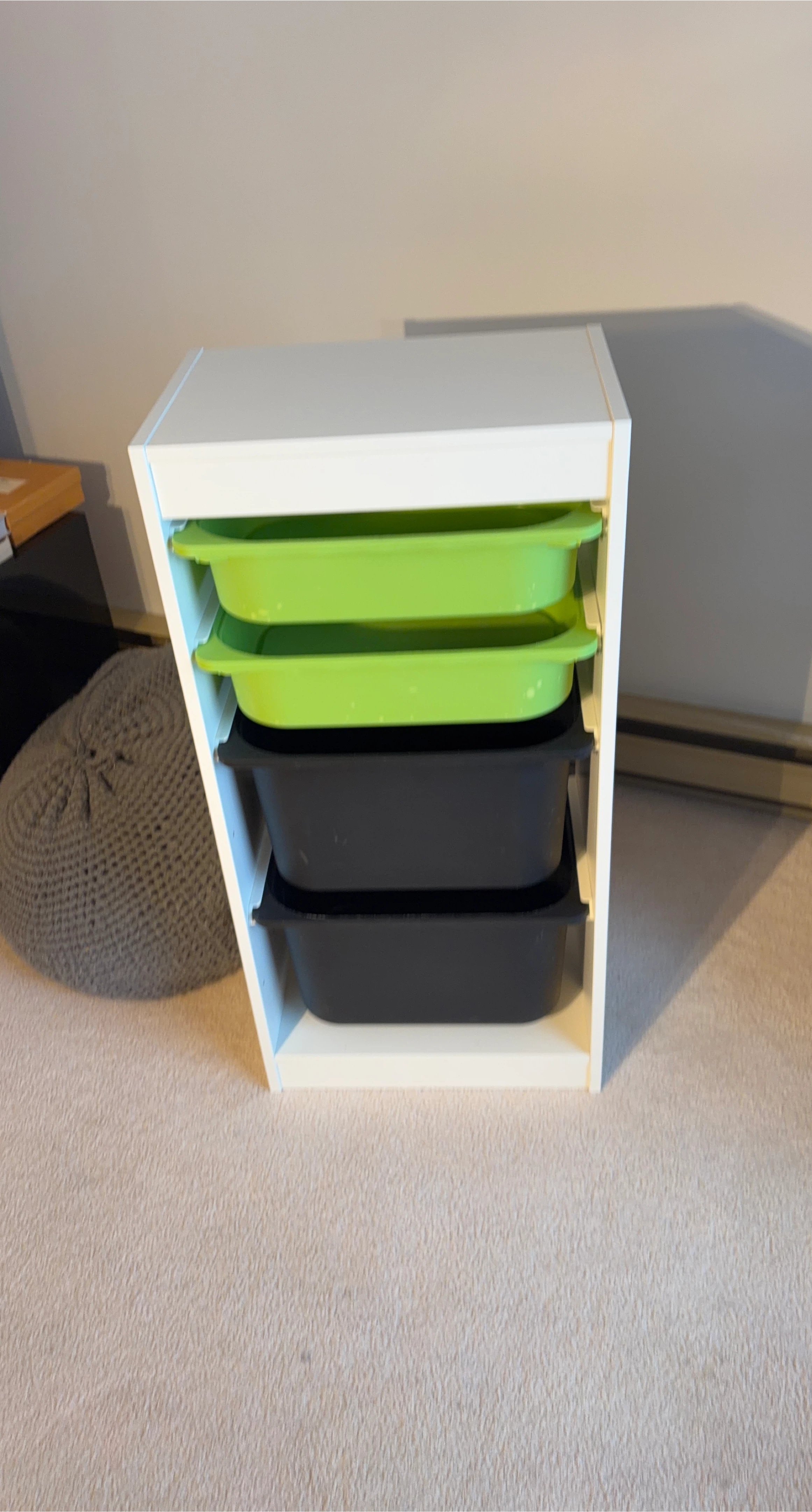 White Storage Unit with 2 Green and 2 Black Bins