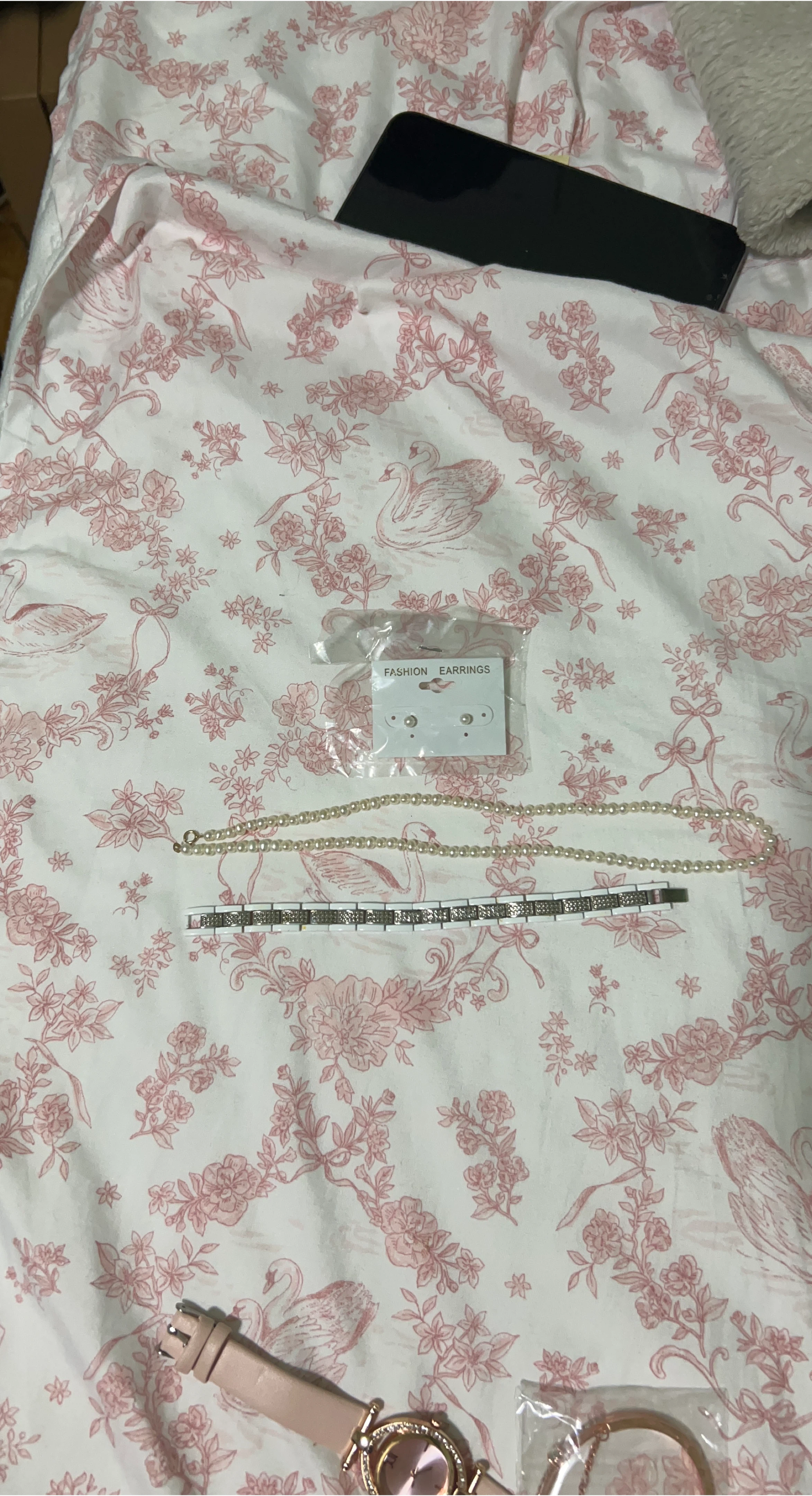 Pearl Necklace, White Bracelet, and Pearl Earrings Set