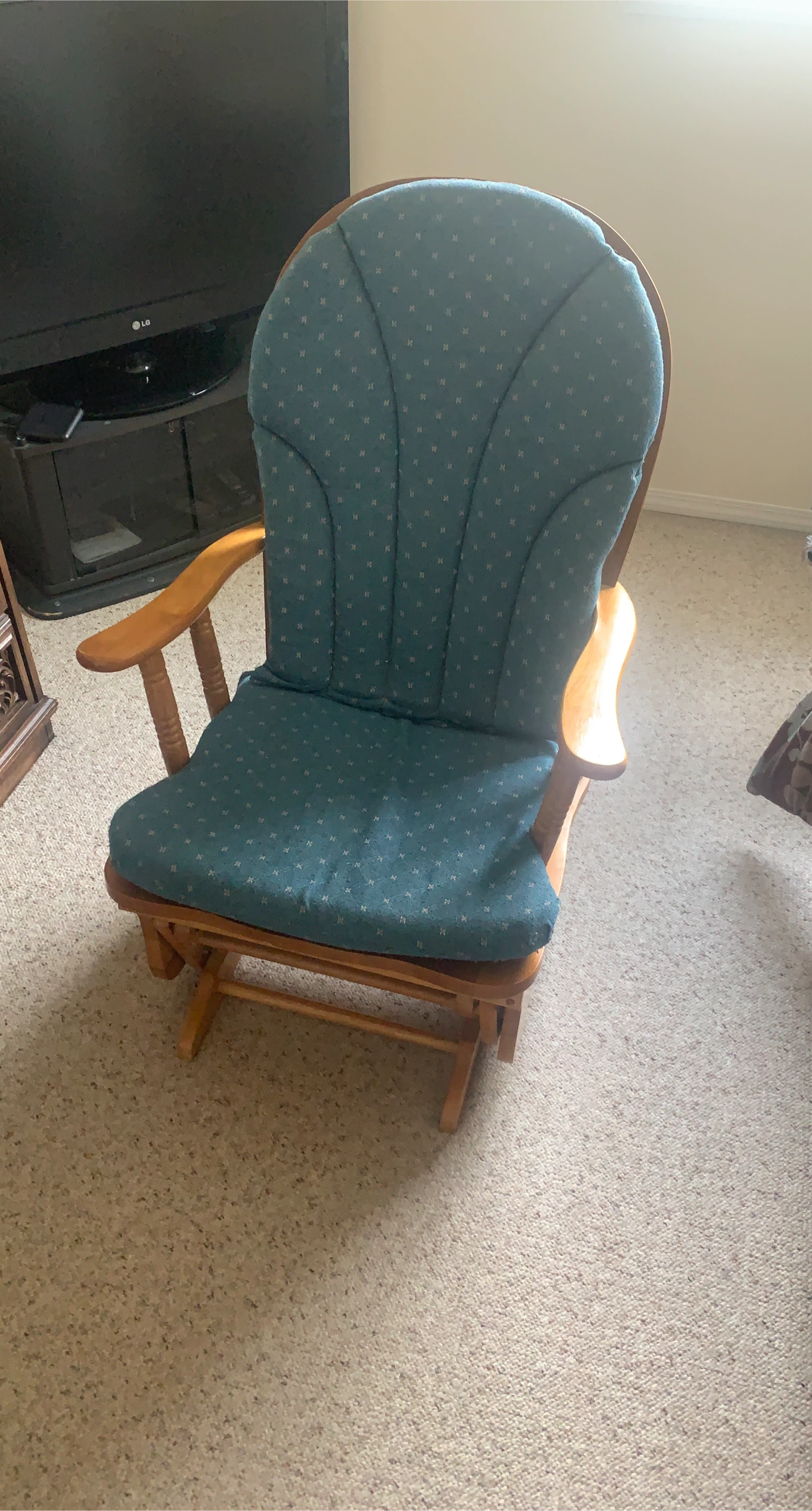 Wooden Glider Chair with Padded Teal Cushions