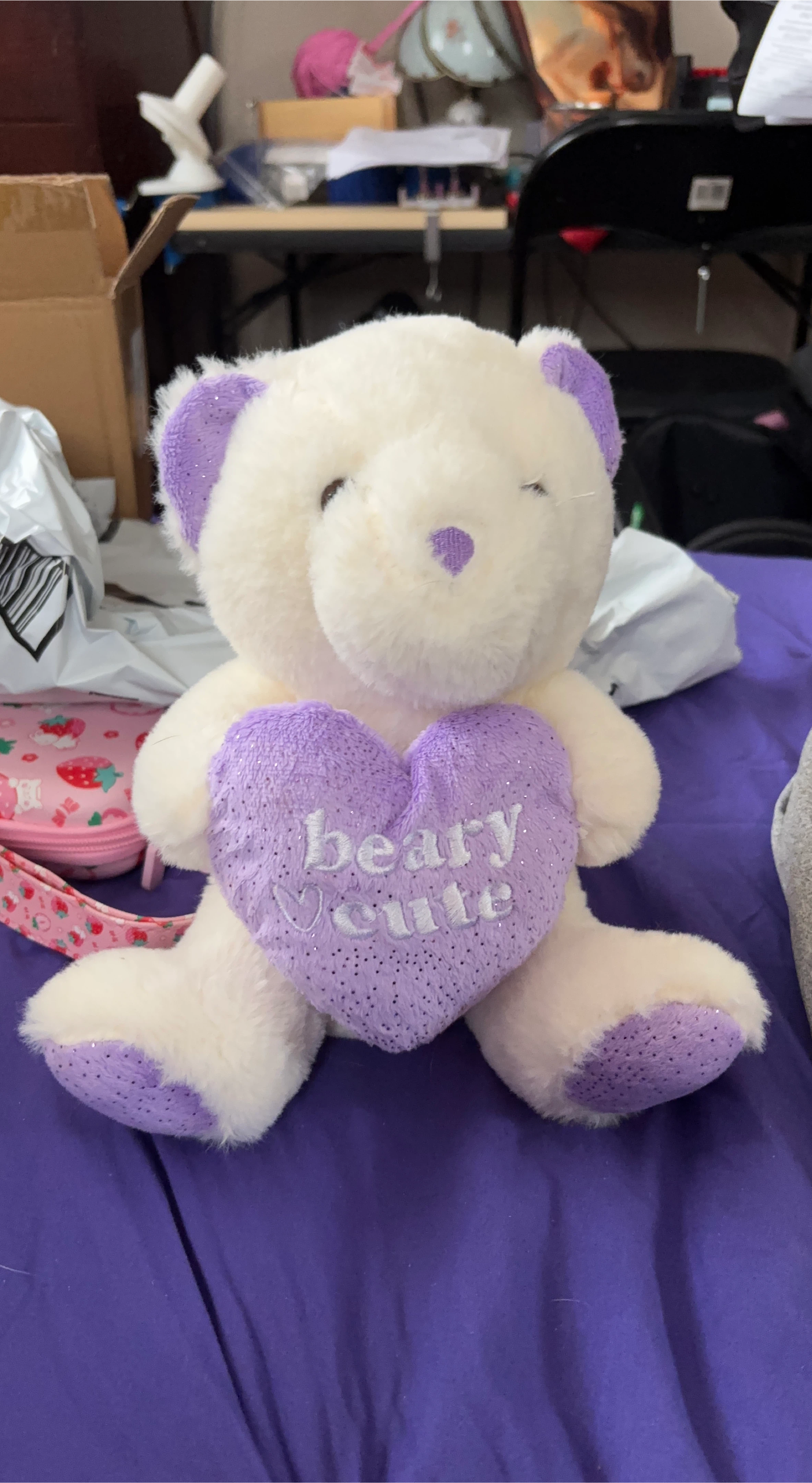 Cream Teddy Bear with Purple Heart