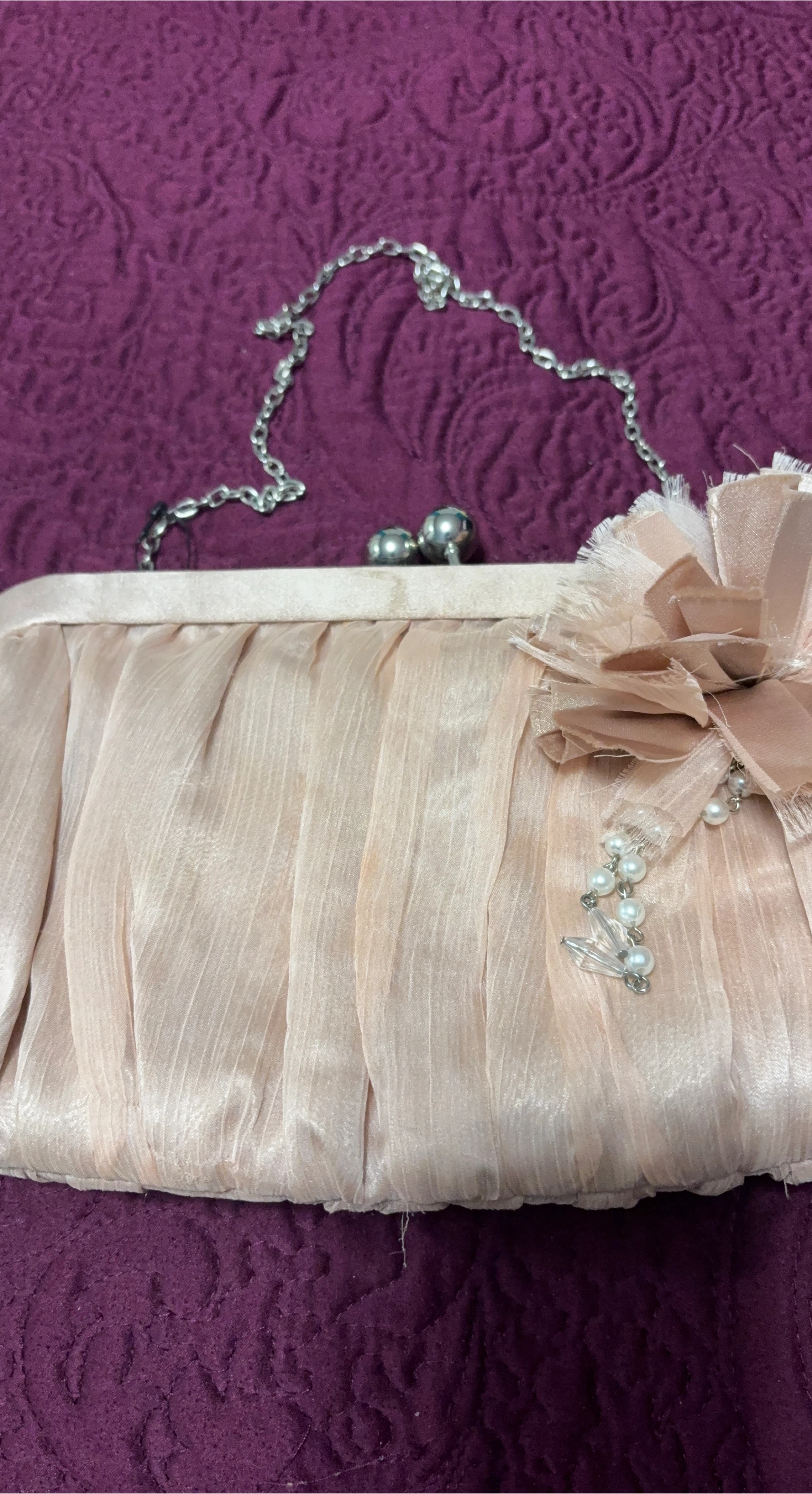 Peach Satin Evening Clutch with Chain Strap