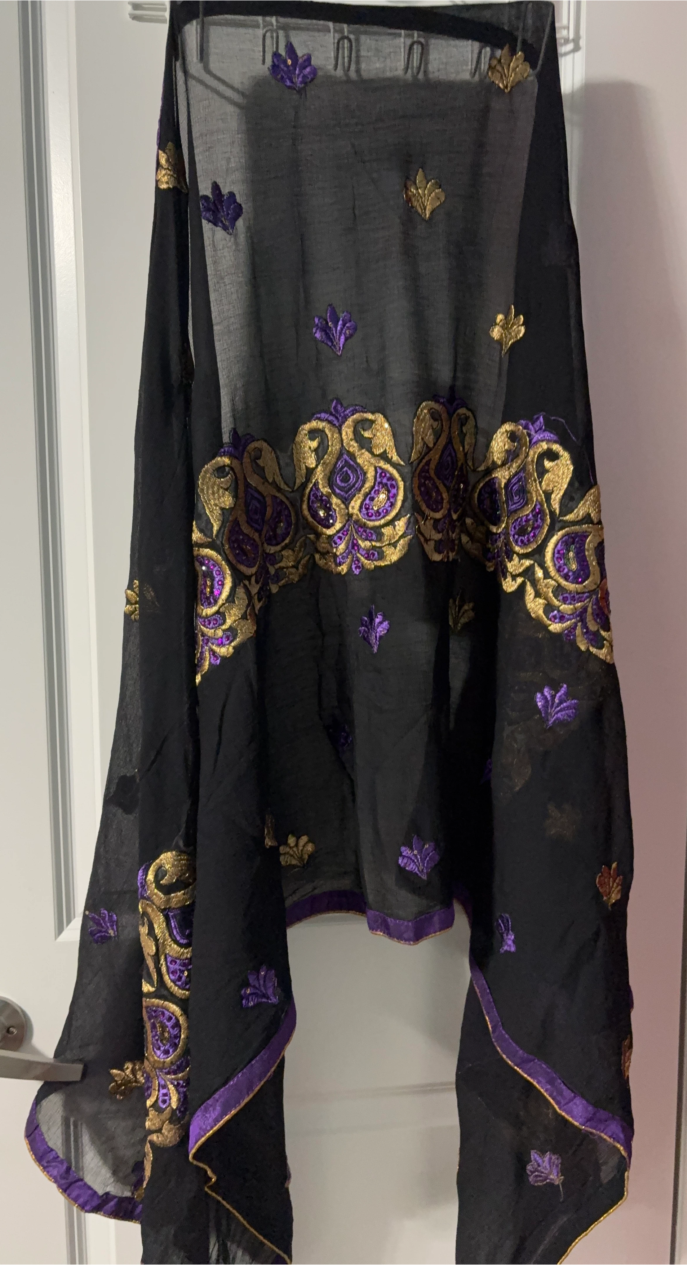 Black sheer scarf with purple and gold embroidery