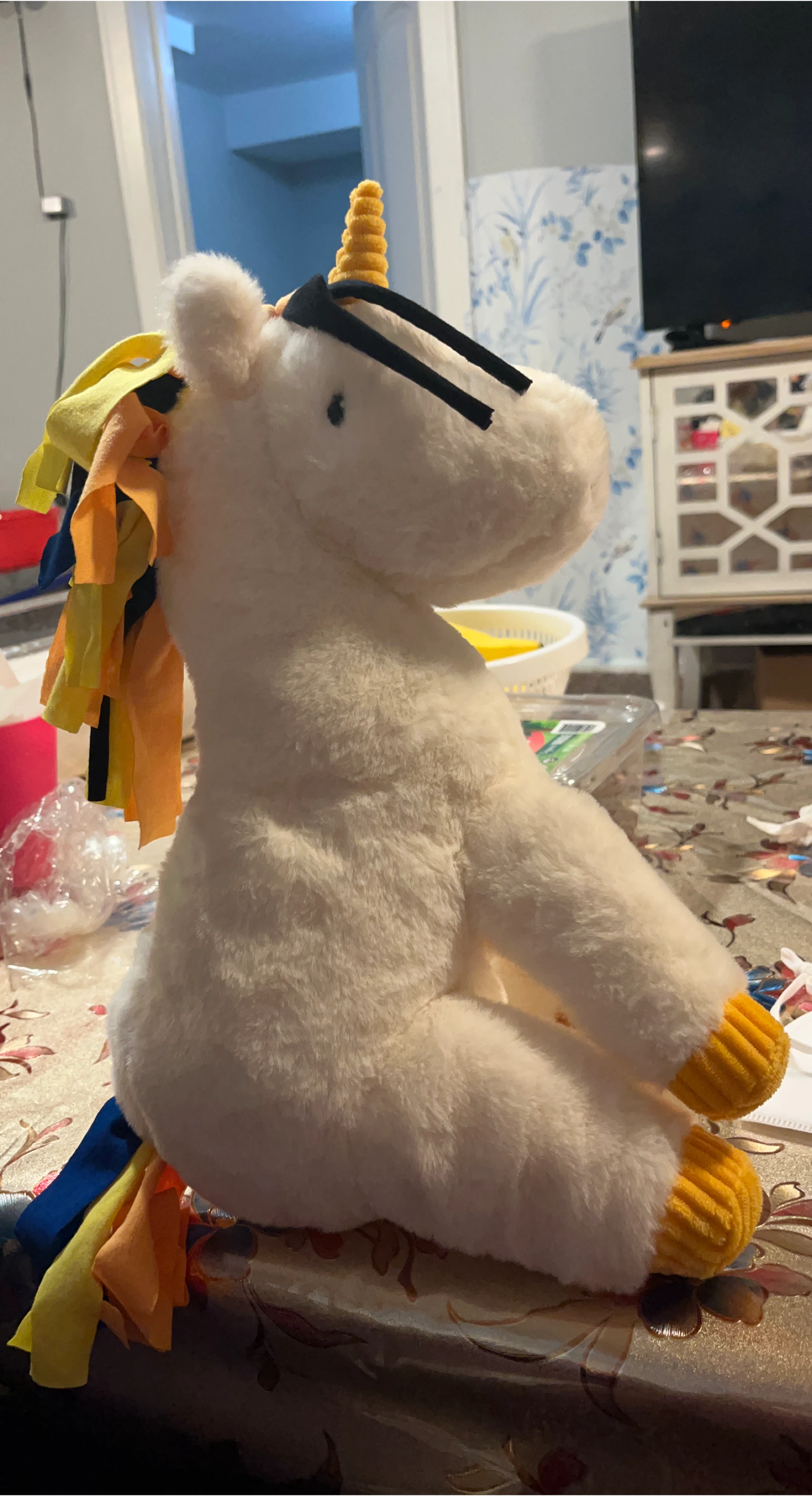 White Unicorn Plush Toy with Rainbow Mane