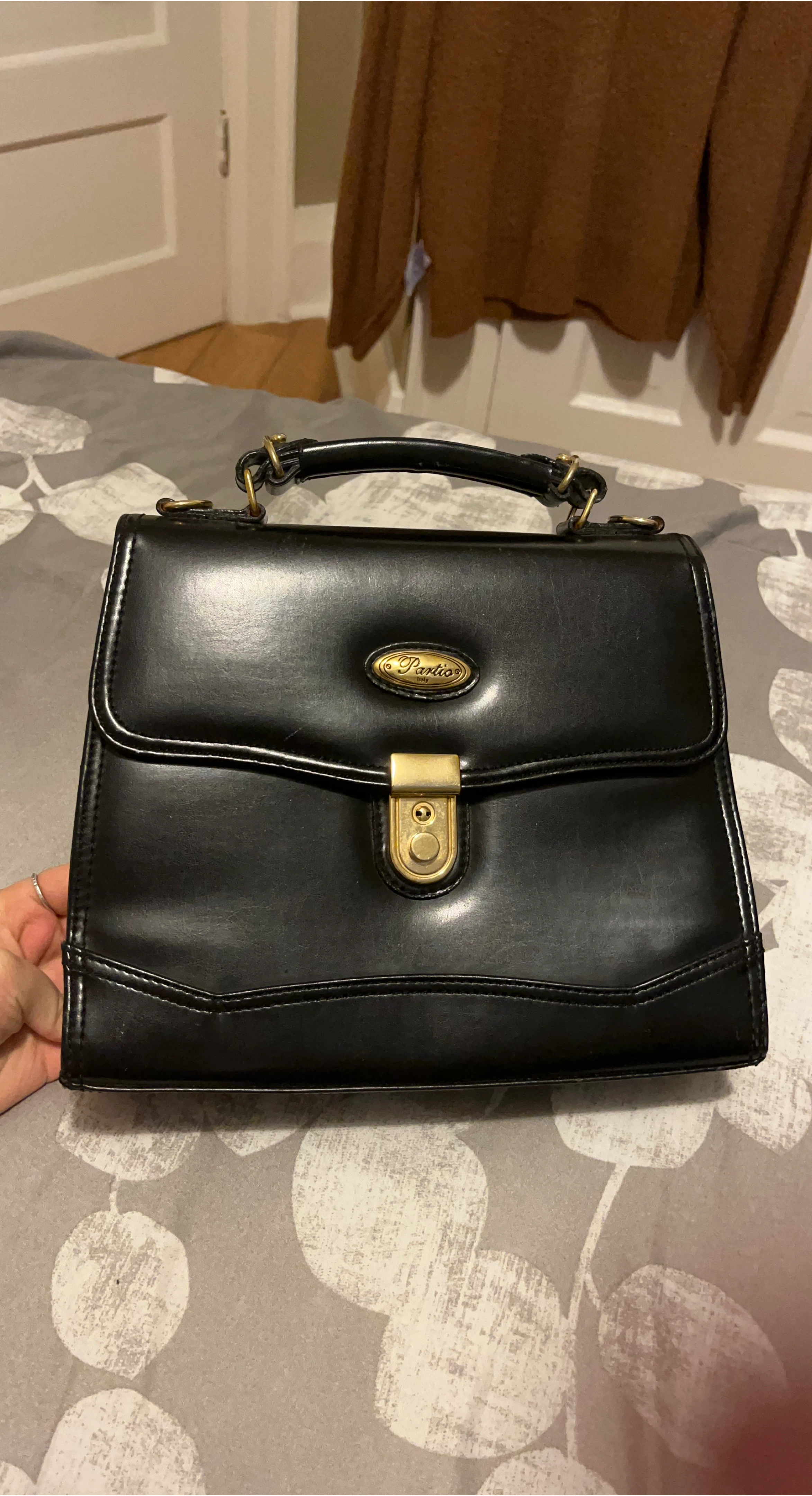 Partio Italy Black Leather Top Handle Handbag