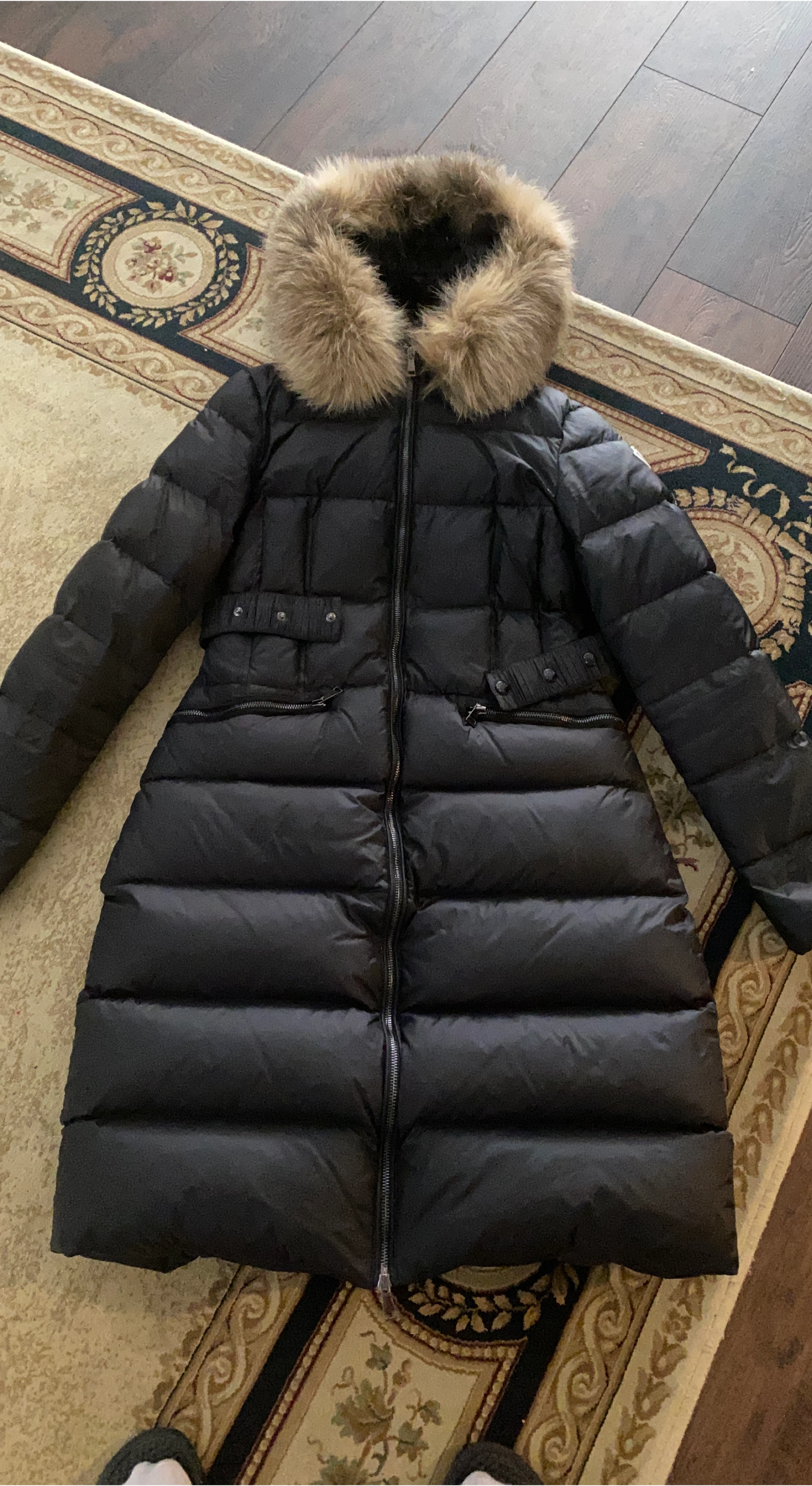 Black Moncler Down Coat with Fur Hood