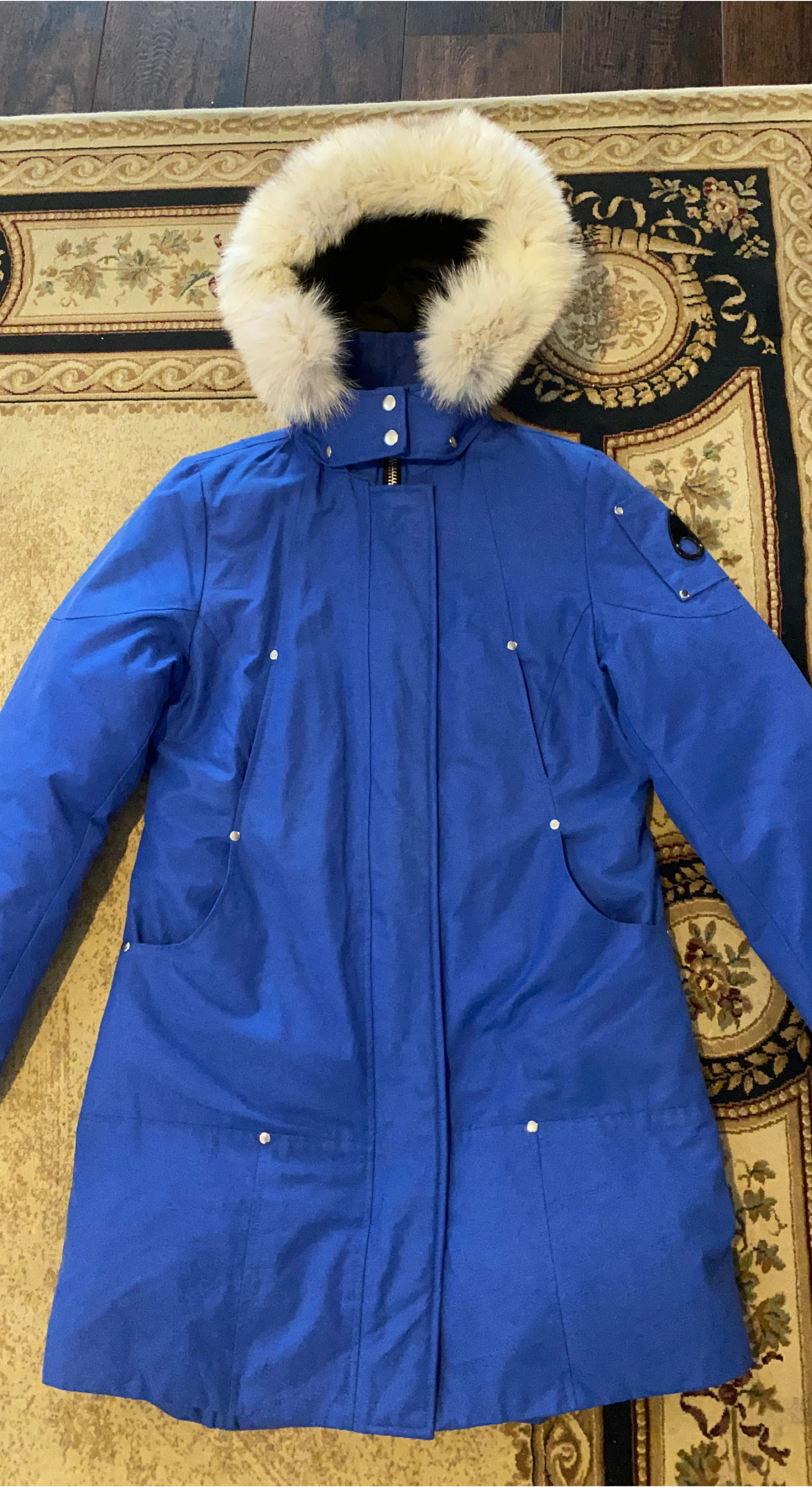 Moose Knuckles Blue Winter Parka with Fur Hood