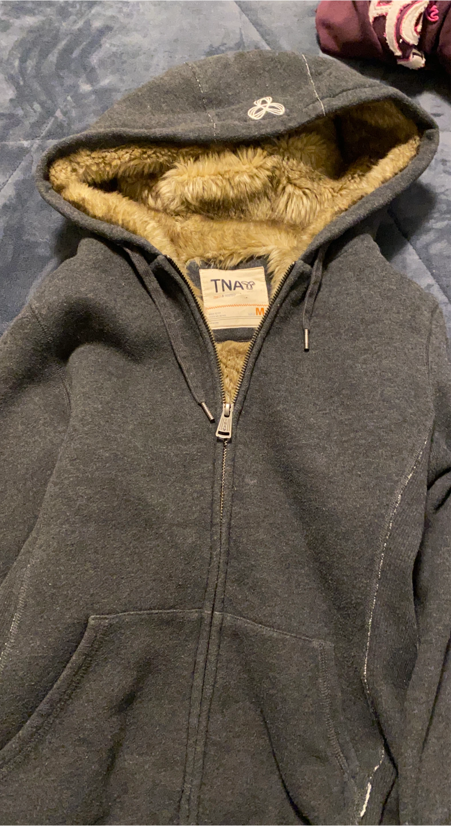 TNA Grey Zip-Up Hoodie with Fur Lining - Size M