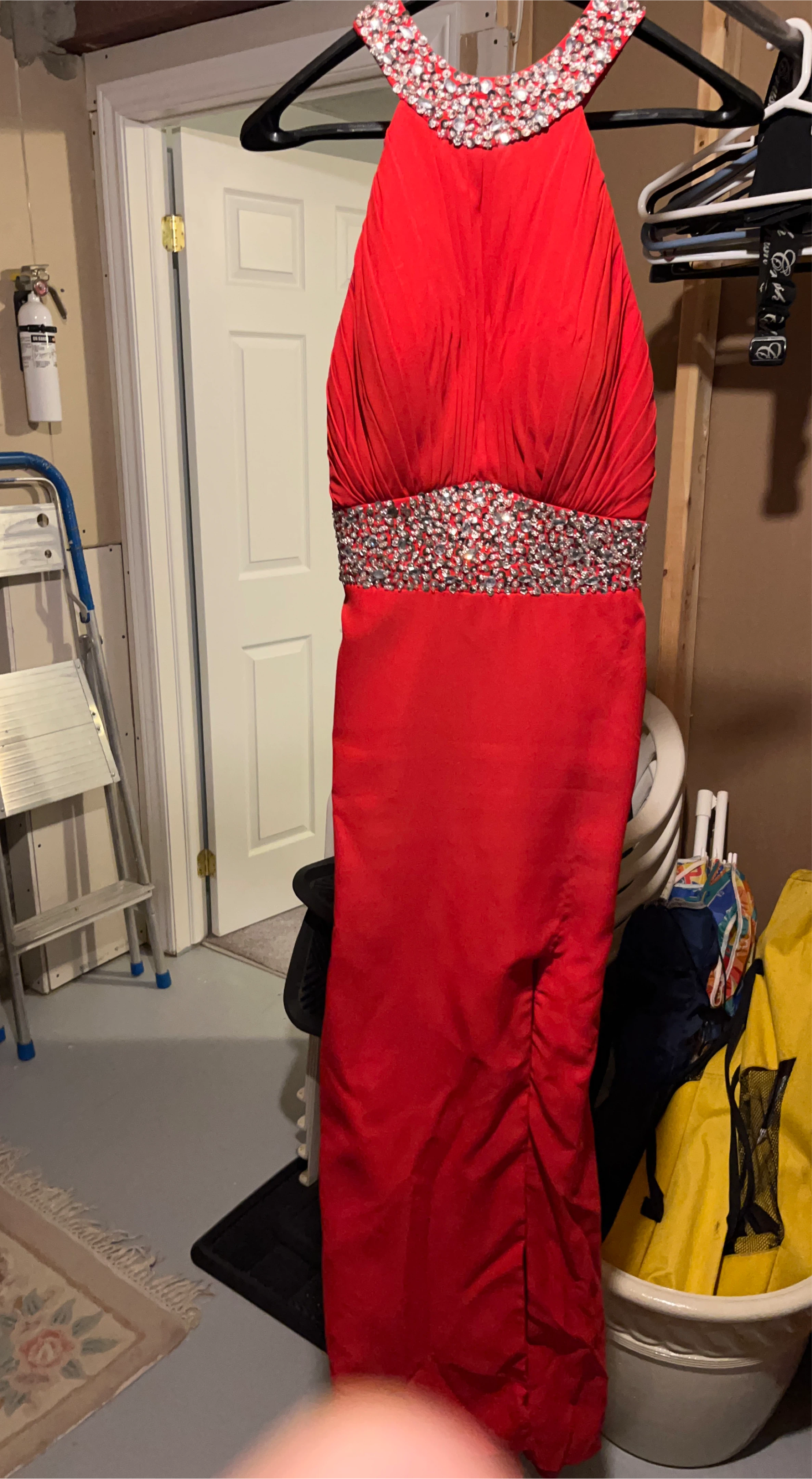 Red Halter Neck Formal Dress with Rhinestone Embellishments