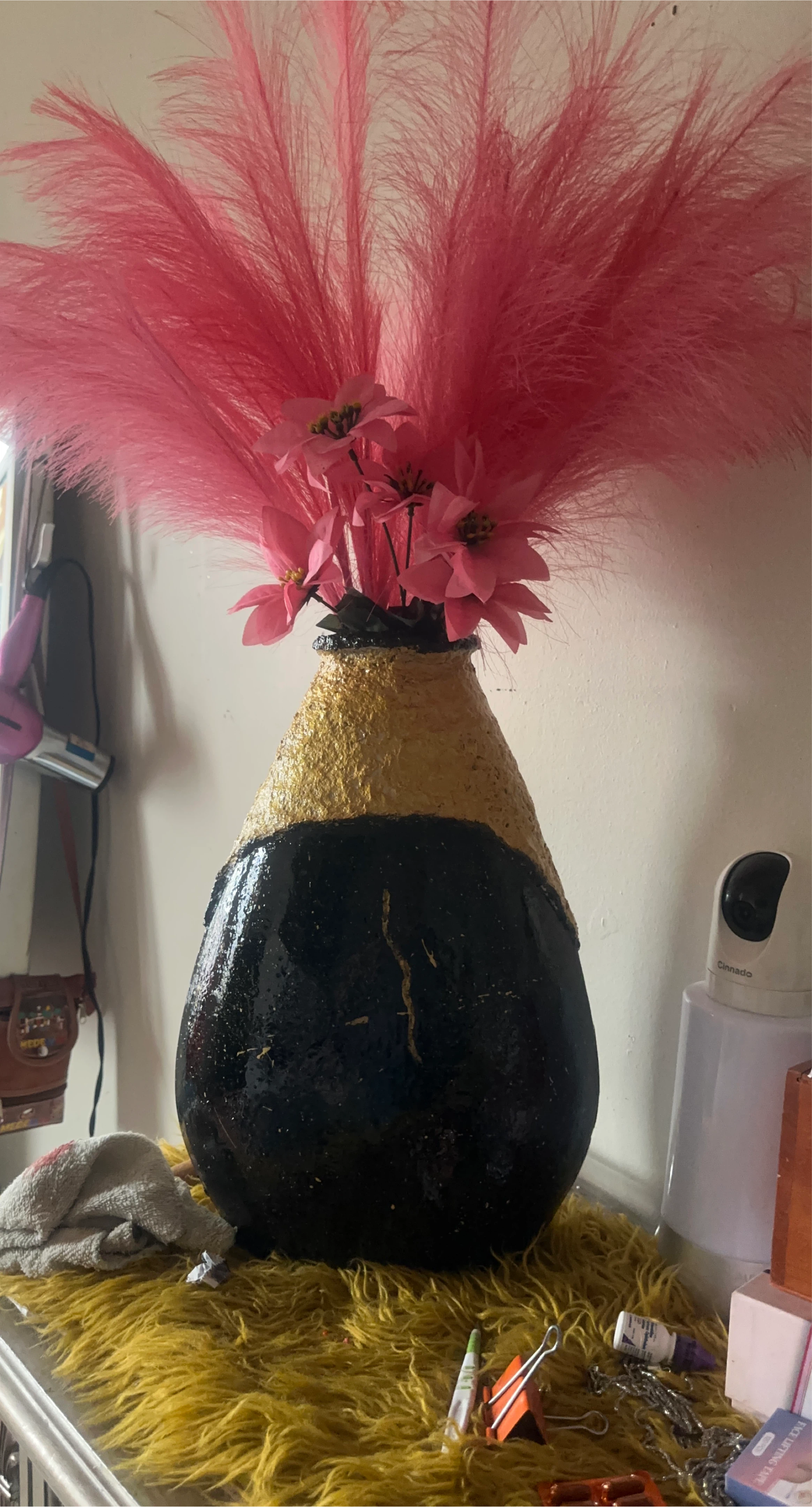 Large Decorative Vase with Pink Feathers
