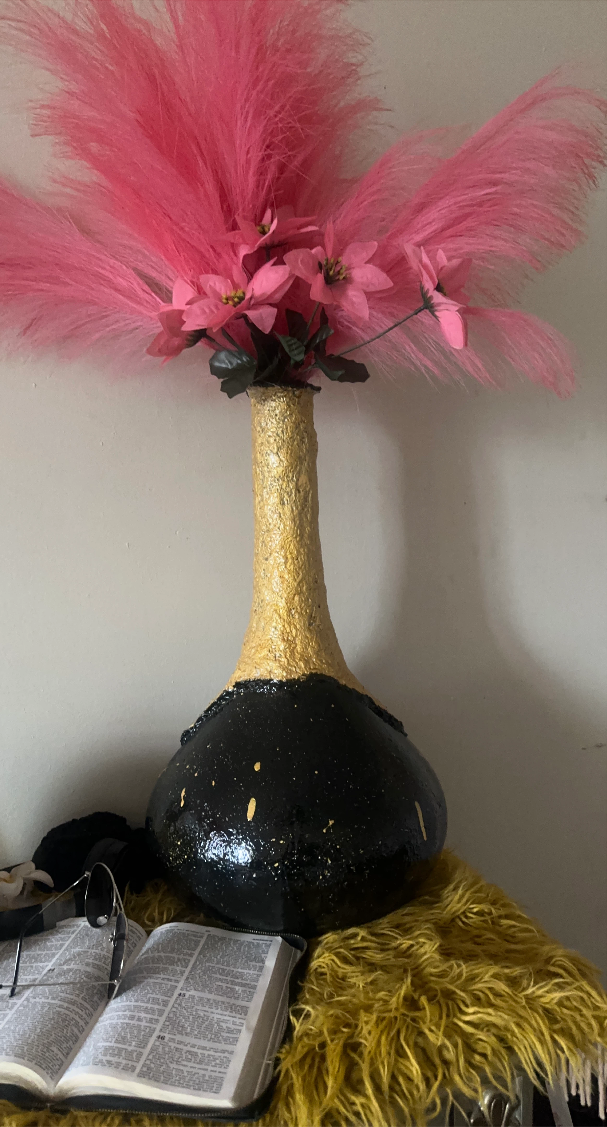 Pink Feather and Flower Vase with Black and Gold Base