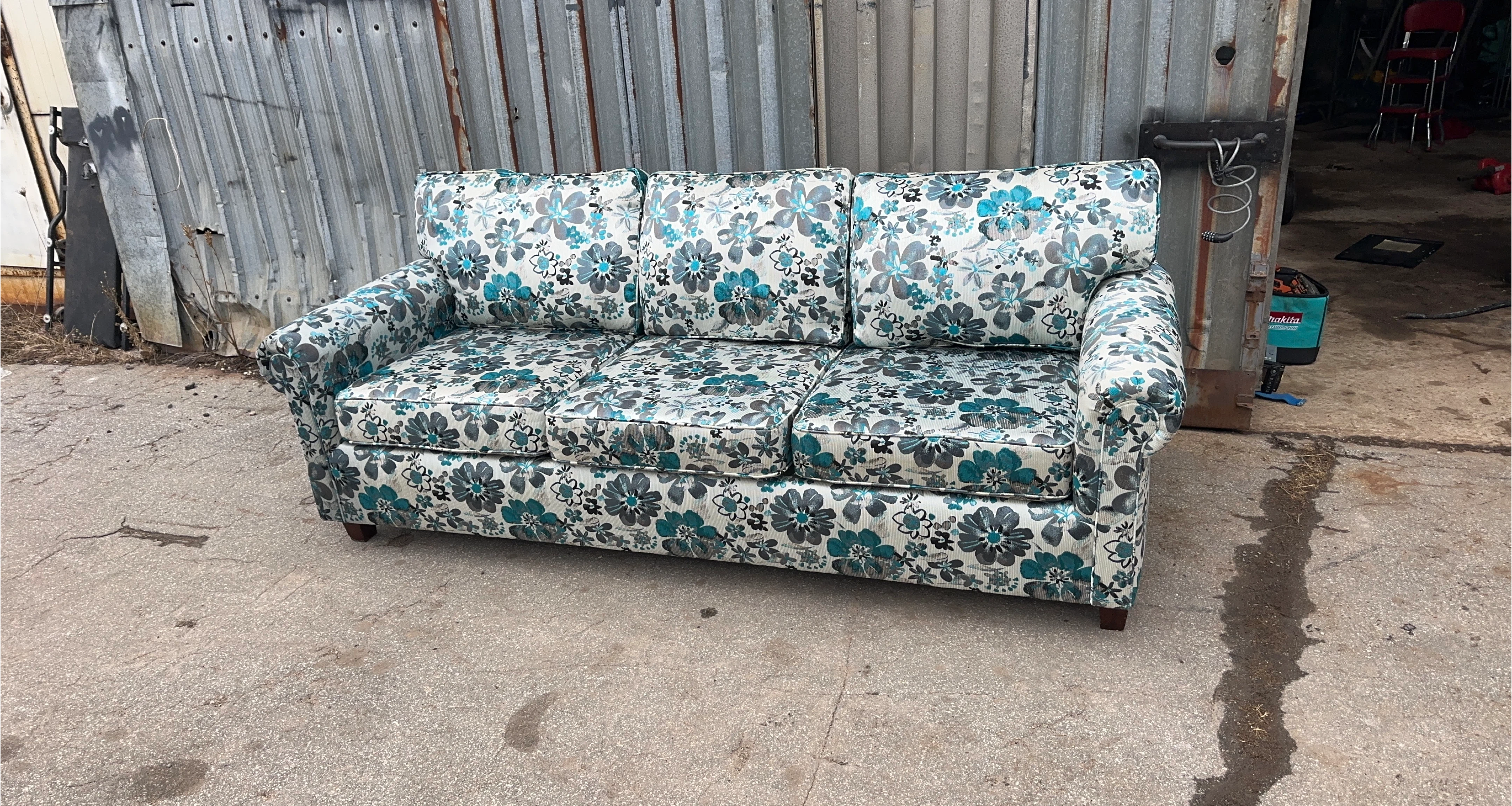 Floral Print Sofa - Teal, Grey & White