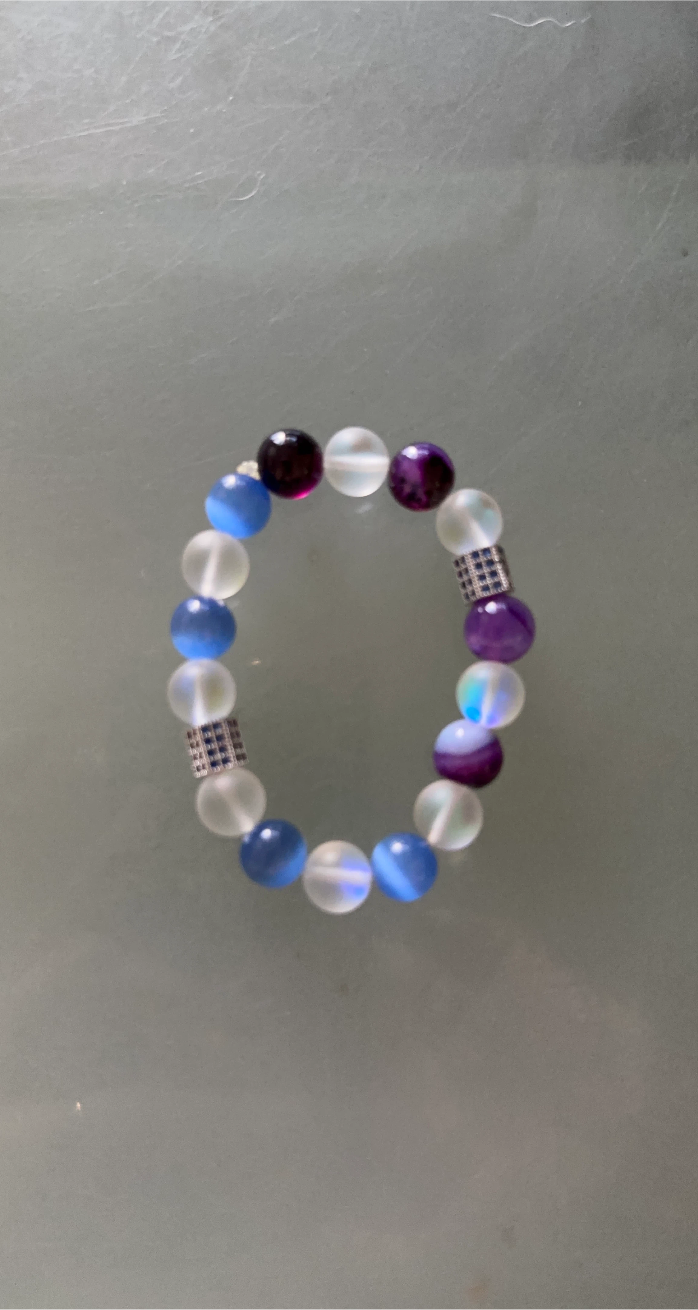 Beaded Bracelet with Purple, Blue, and White Stones