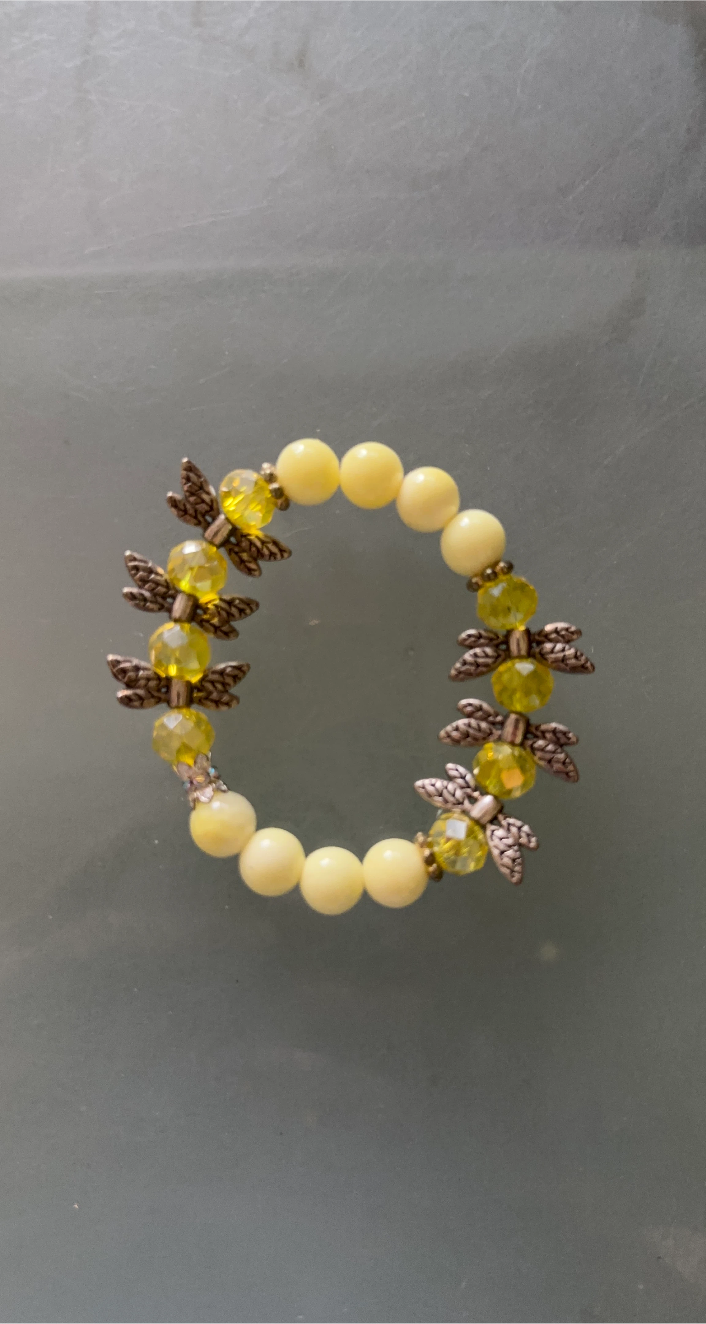 Yellow Beaded Bracelet with Dragonfly Charms