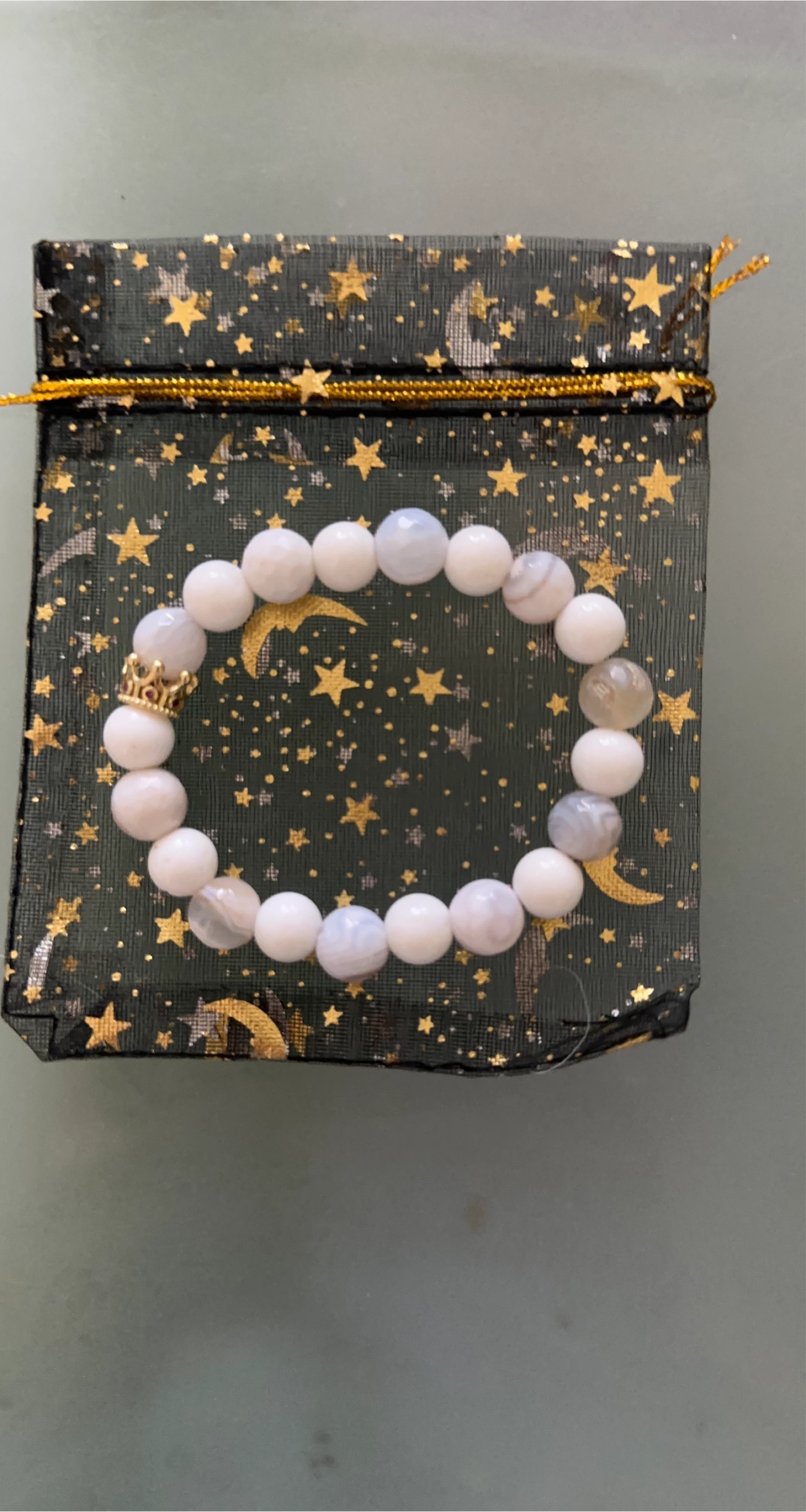 White Beaded Bracelet with Crown Charm