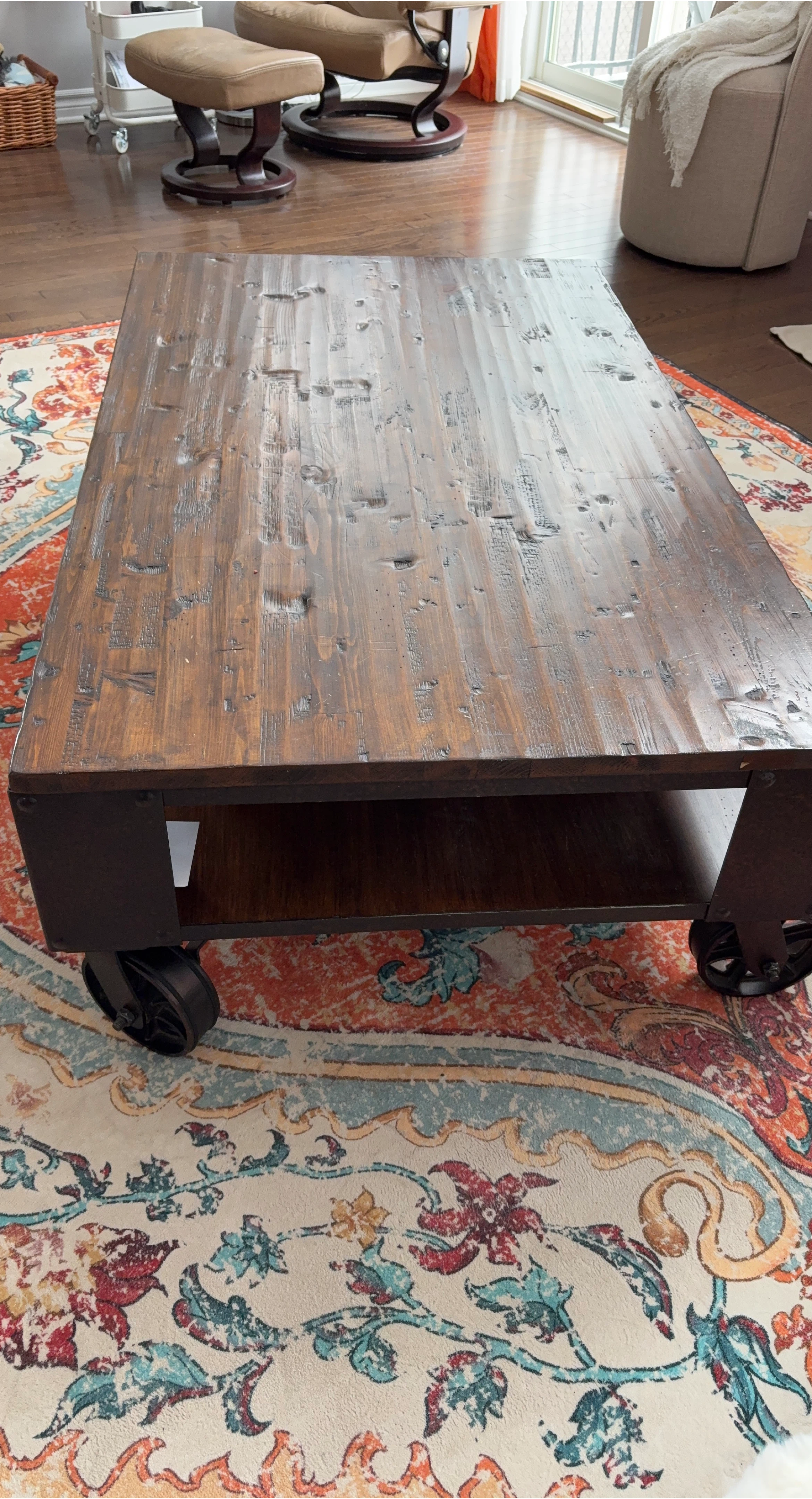Rustic Wood Coffee Table with Wheels