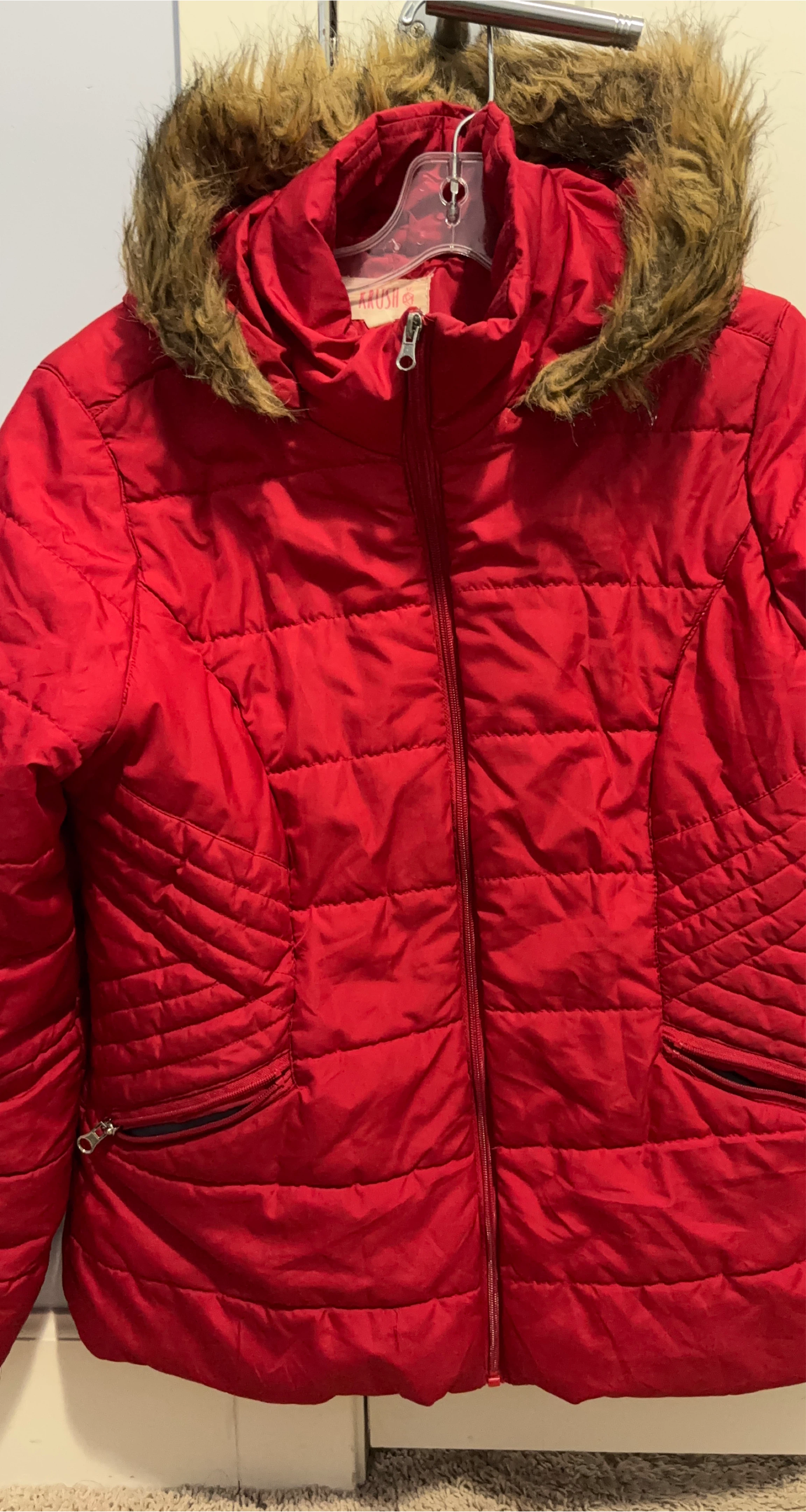 Red Puffer Jacket with Fur Hood
