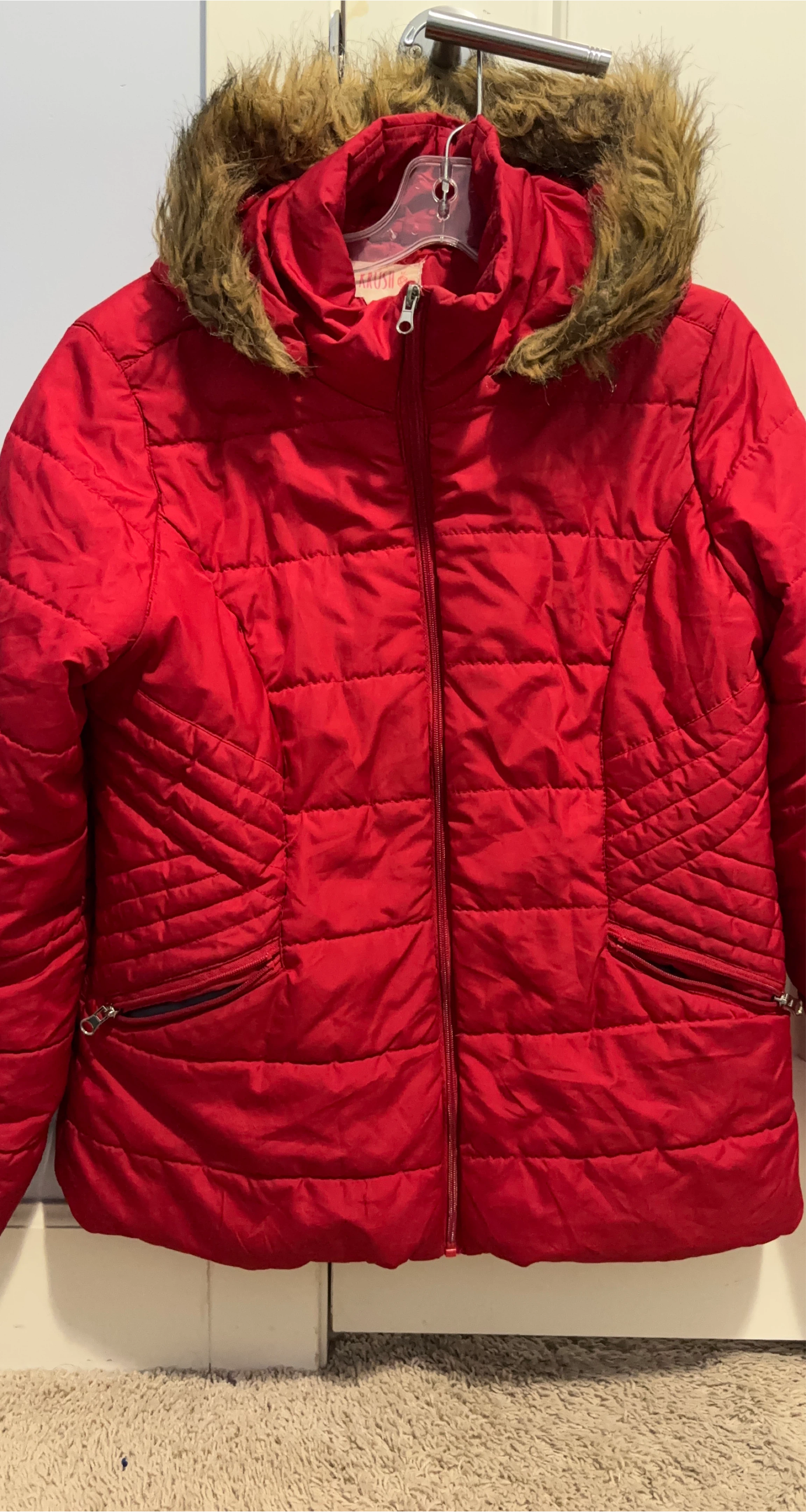 Red Krush Puffer Jacket with Fur Hood
