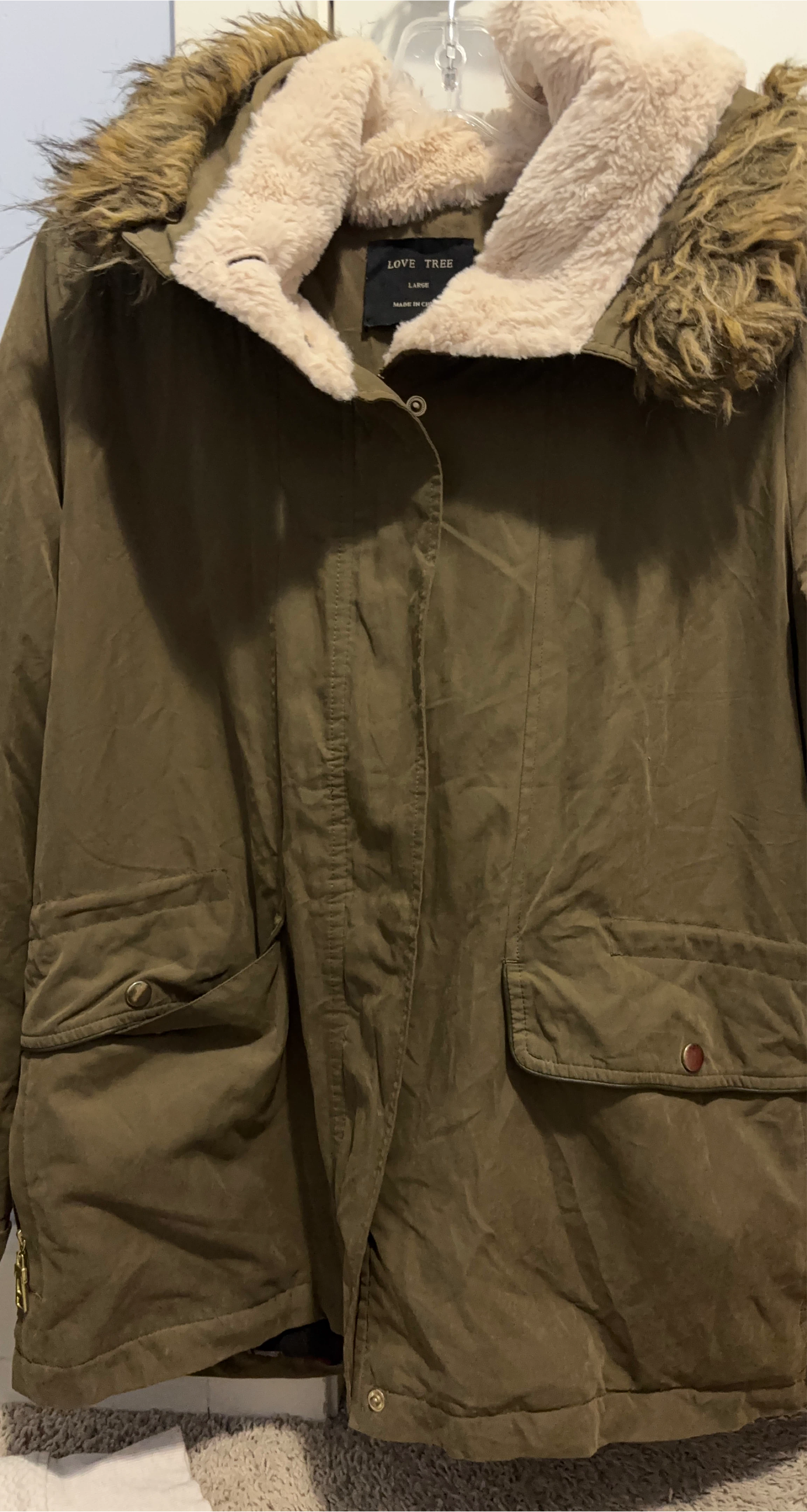 Love Tree Olive Green Fur Lined Hooded Parka Jacket