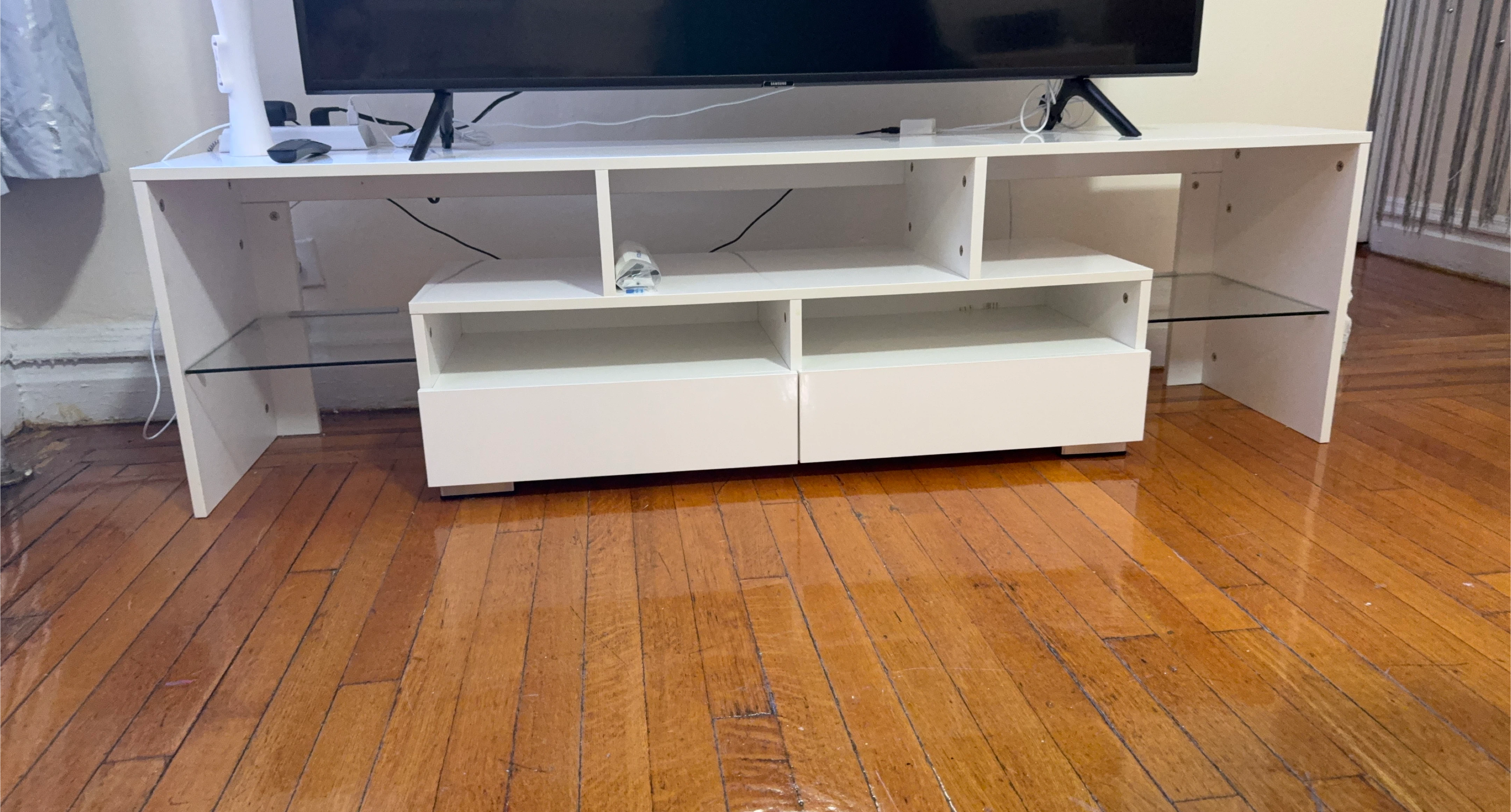White Media Console TV Stand with Glass Shelves