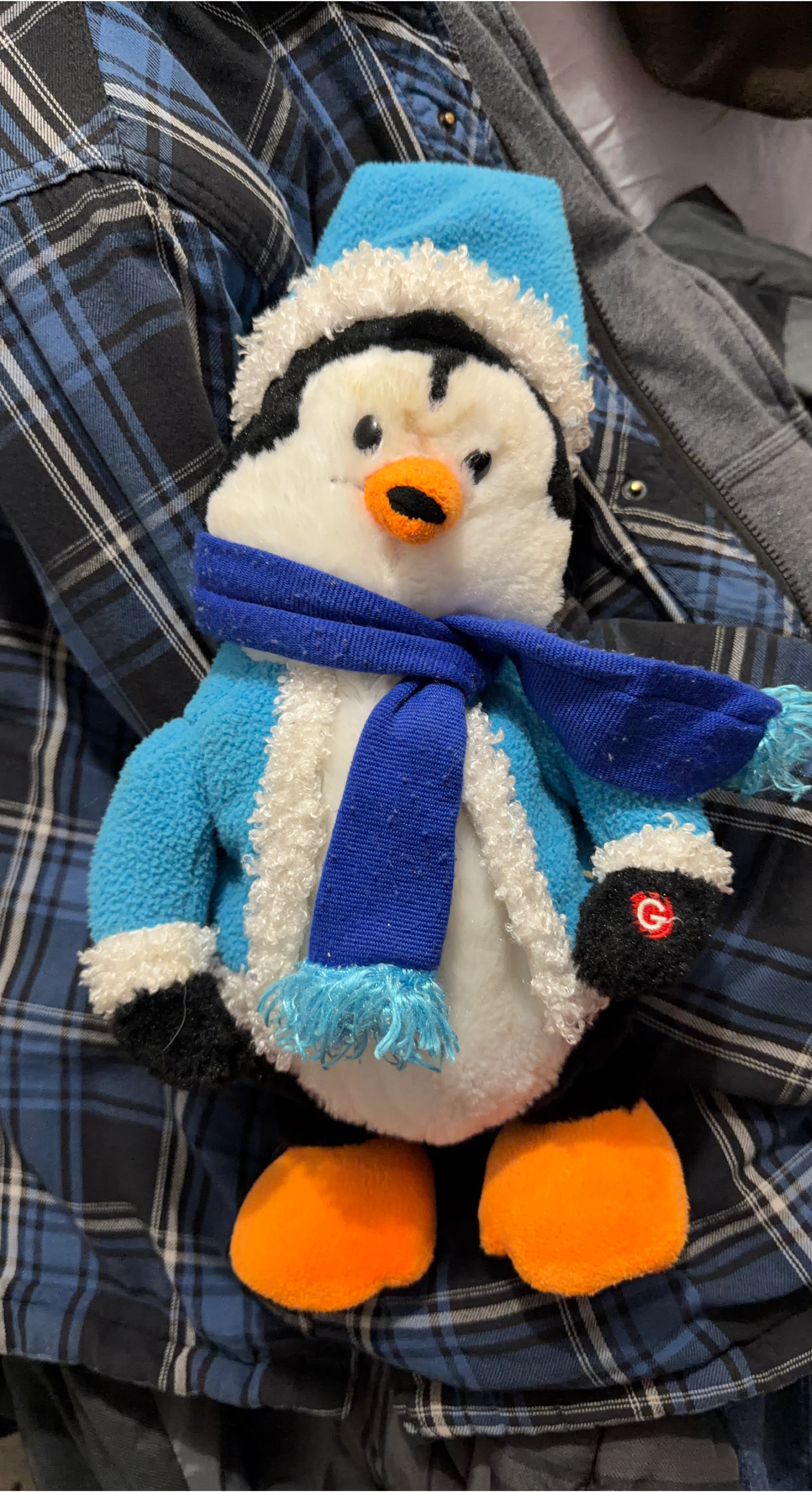 Plush Penguin Toy with Blue Scarf and Hat