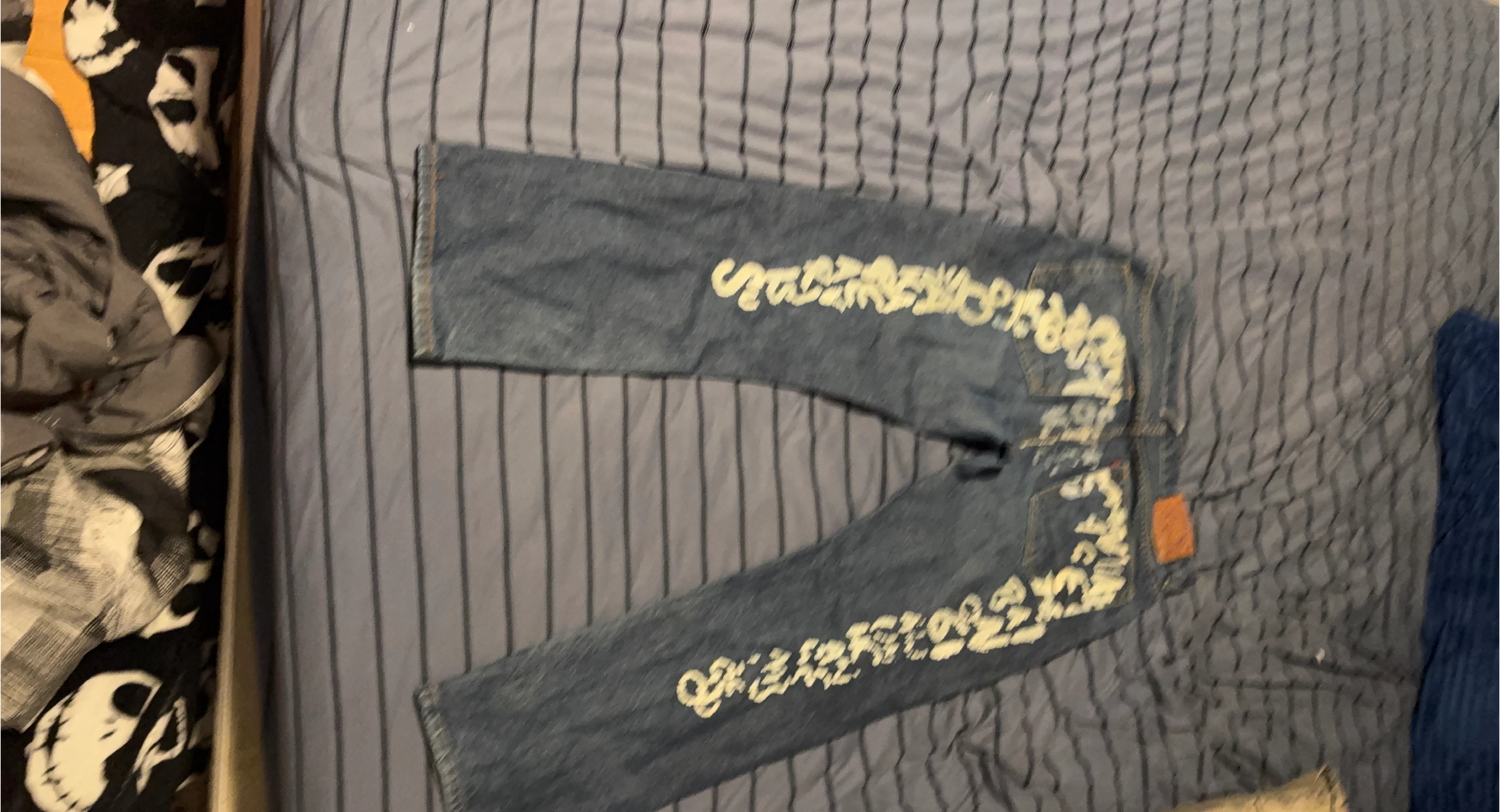 Blue Denim Jeans with White Graphic Print