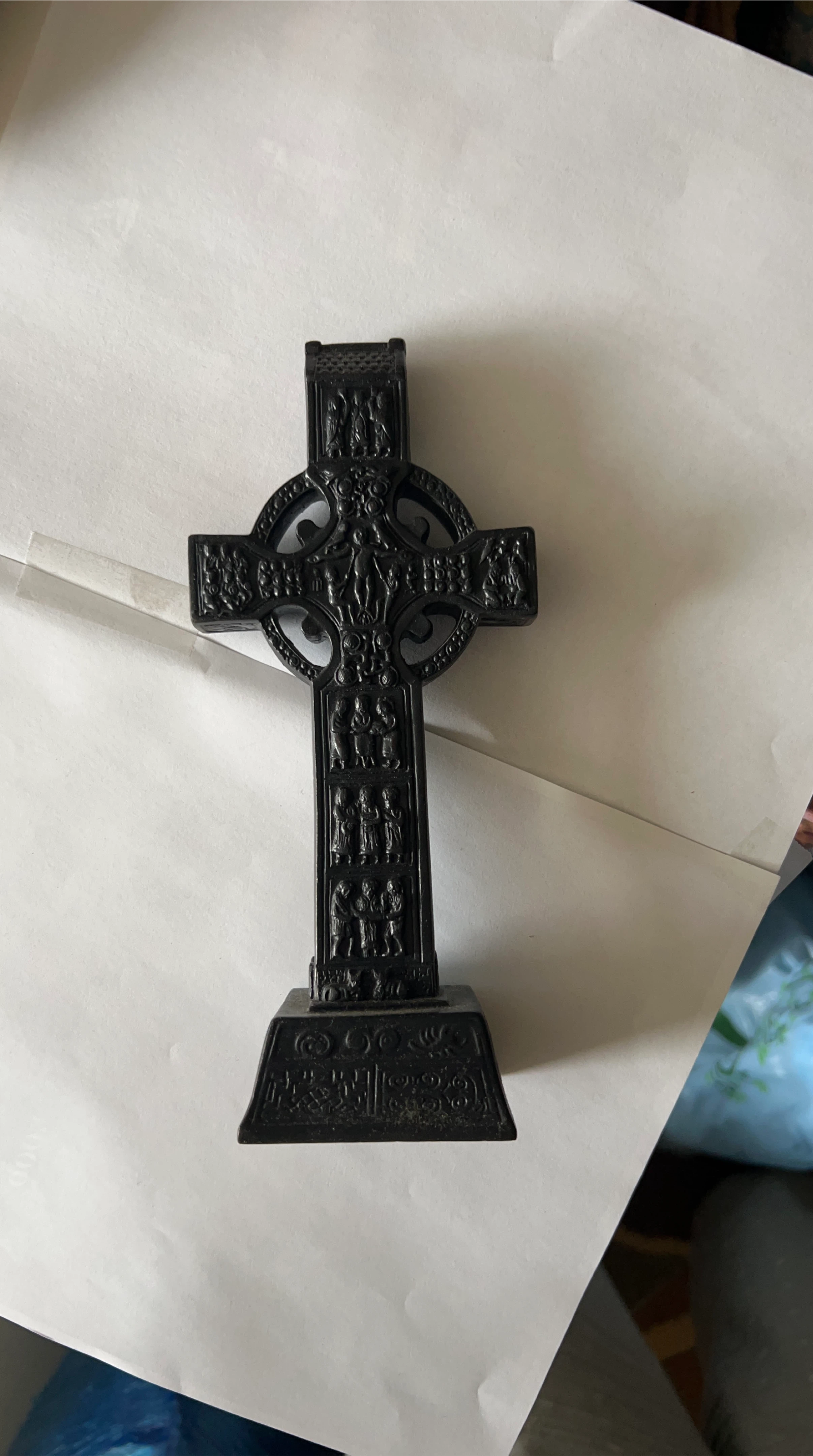 Black Celtic Cross Figurine with Engraved Scenes