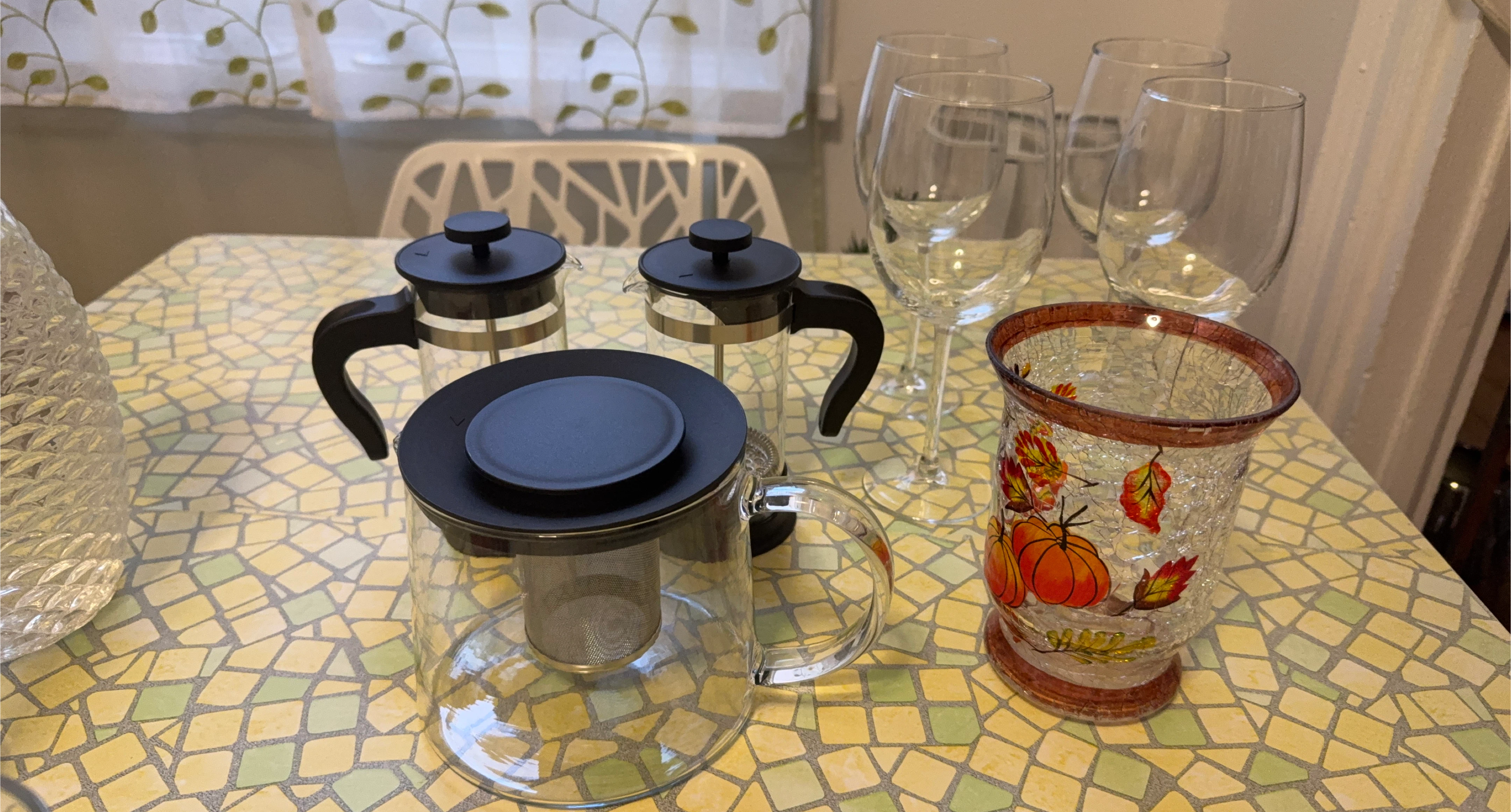 Glass Teapot and French Press Set with Wine Glasses