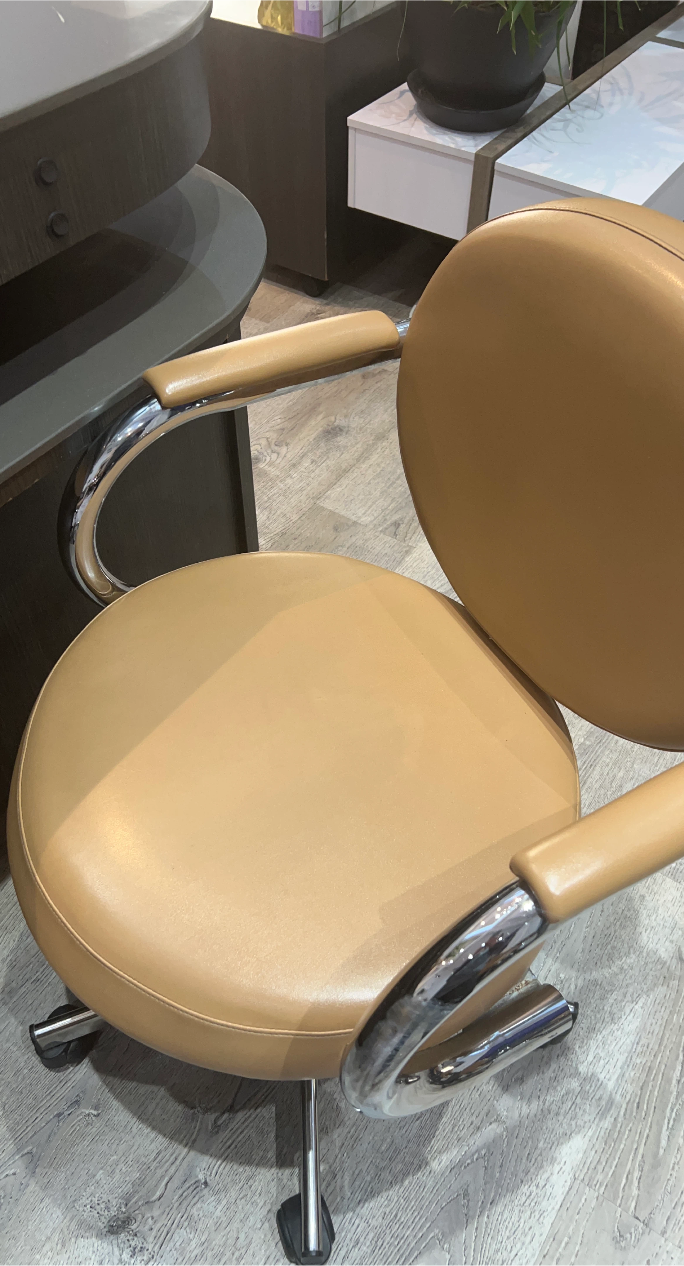 Tan Rolling Stool Chair with Chrome Arms