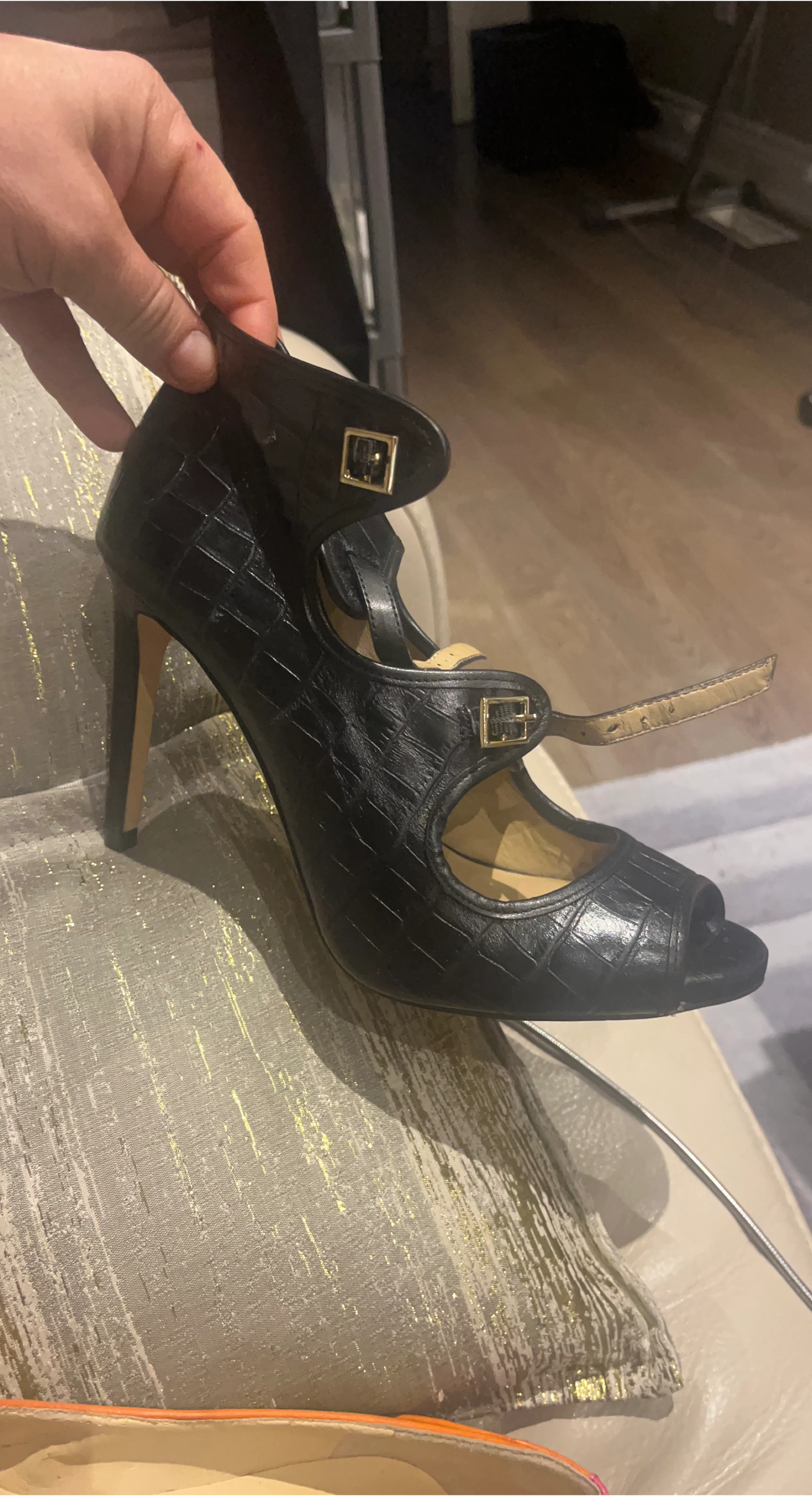 Black Crocodile Print Peep-Toe Heels with Ankle Strap