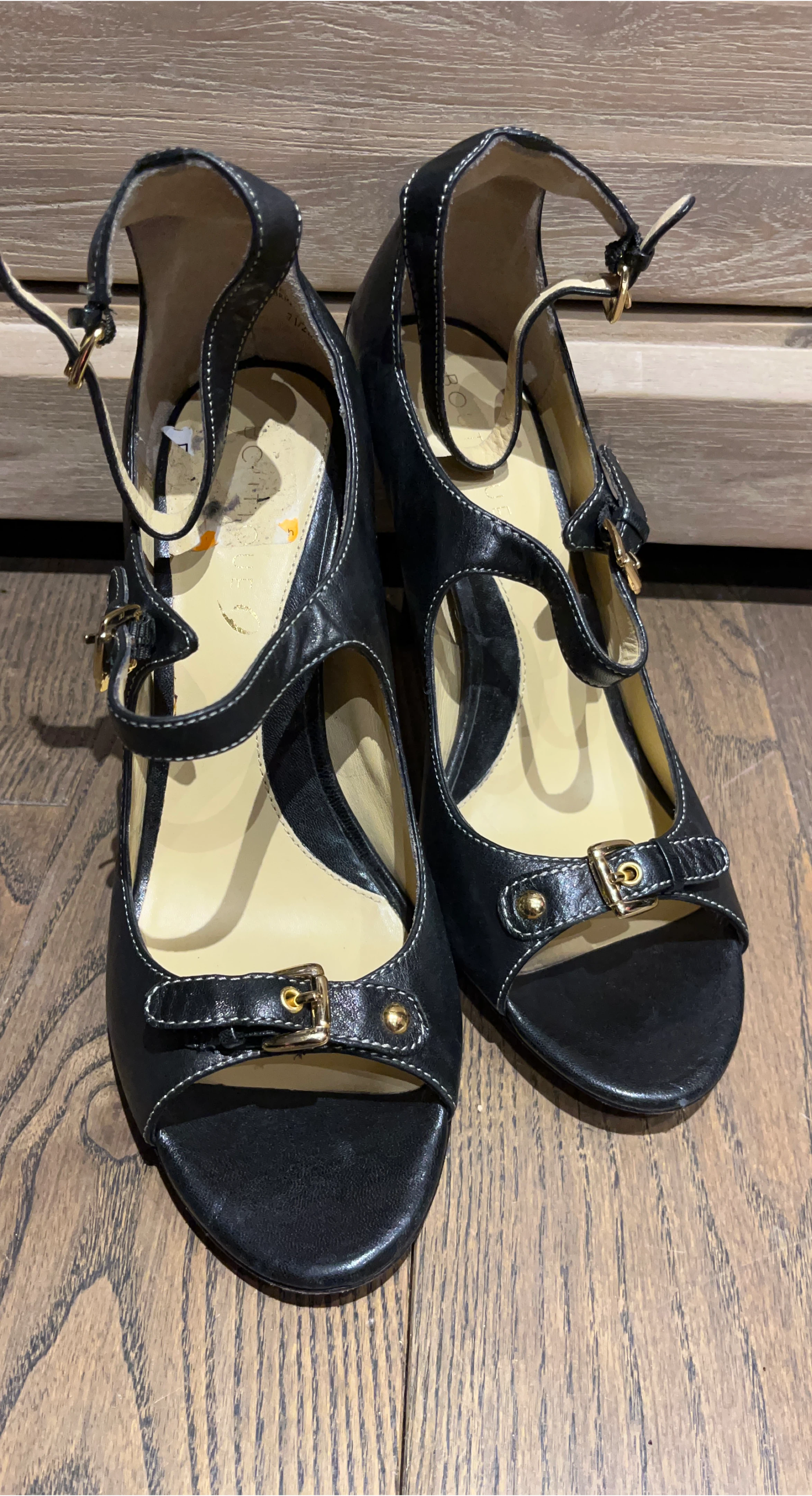 Black Leather Peep-Toe Heels with Buckle Detail