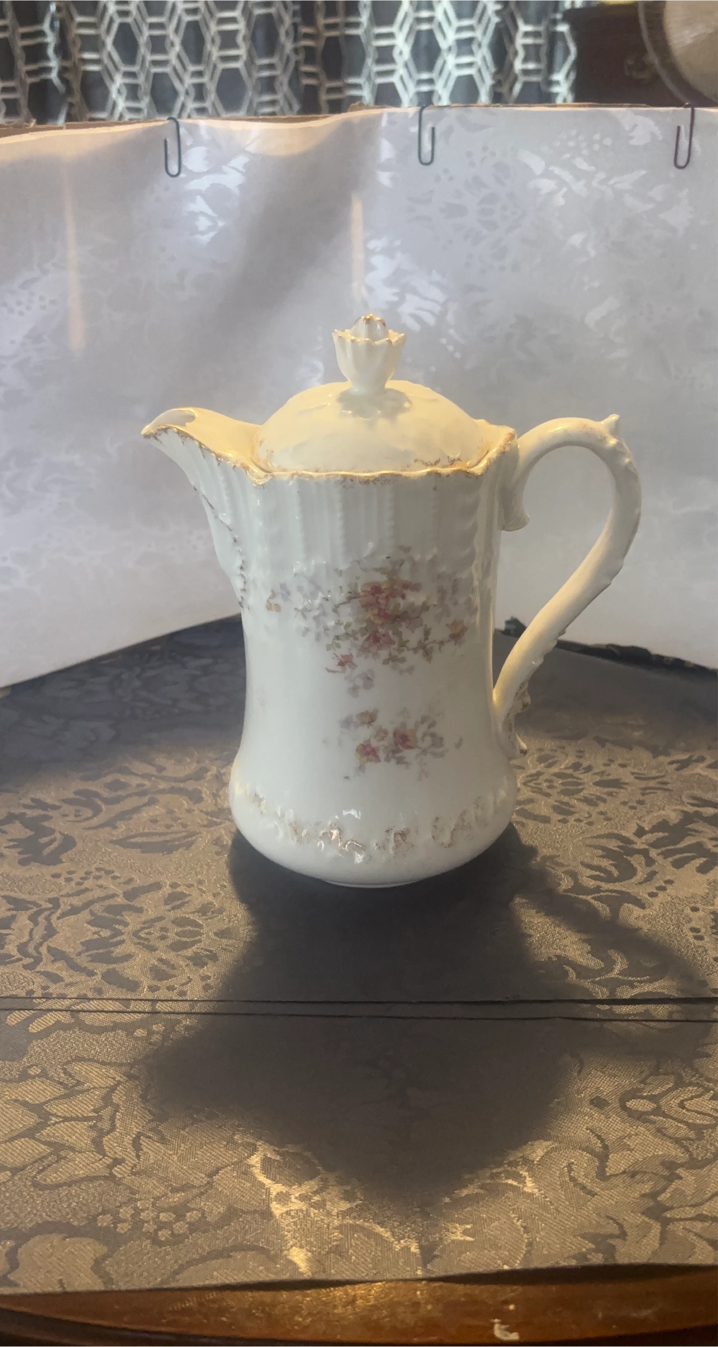 Vintage Cream Ceramic Coffee Pot Floral Design Gold Trim