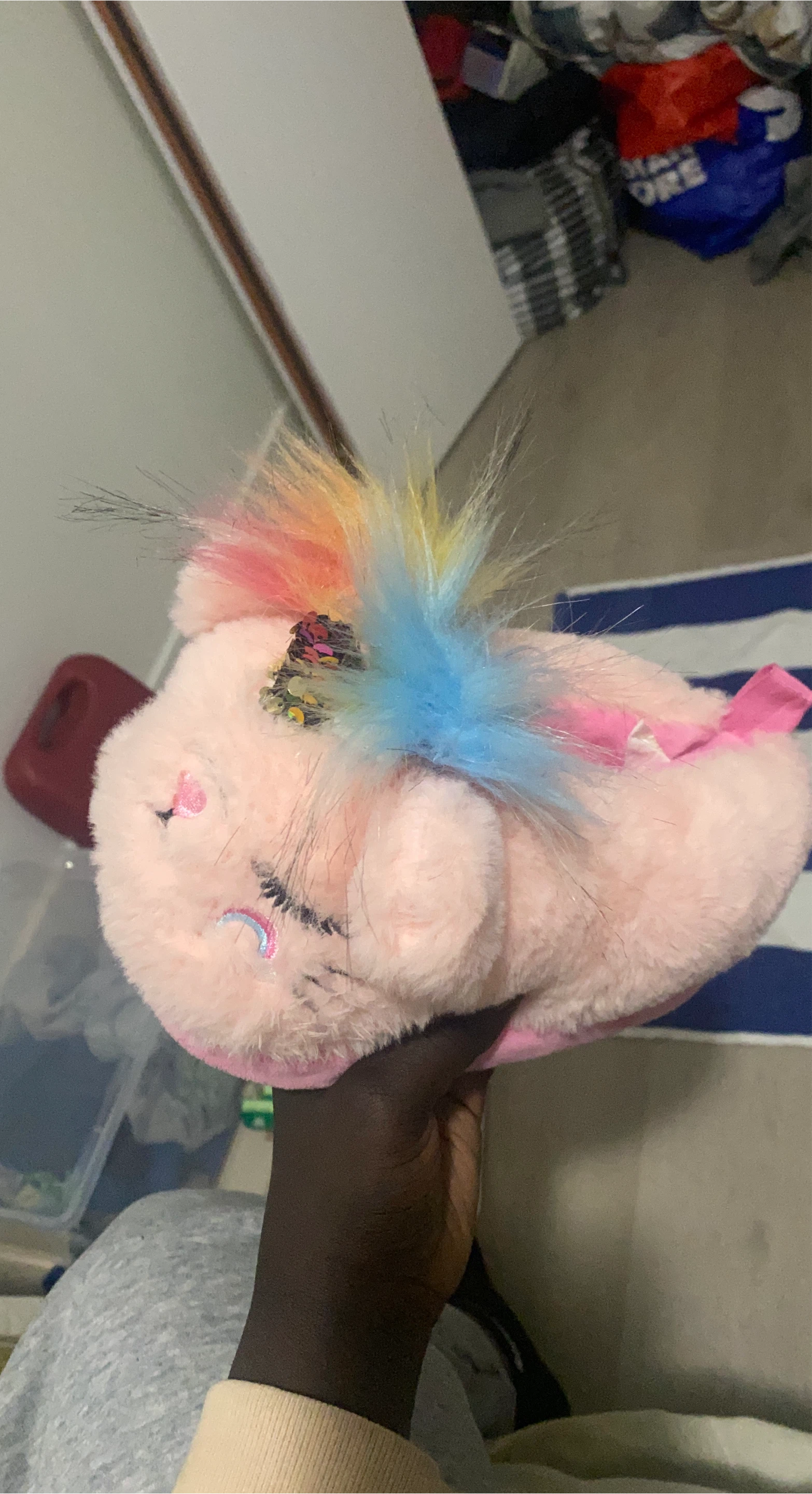 Pink Fuzzy Unicorn Slippers with Rainbow Mane