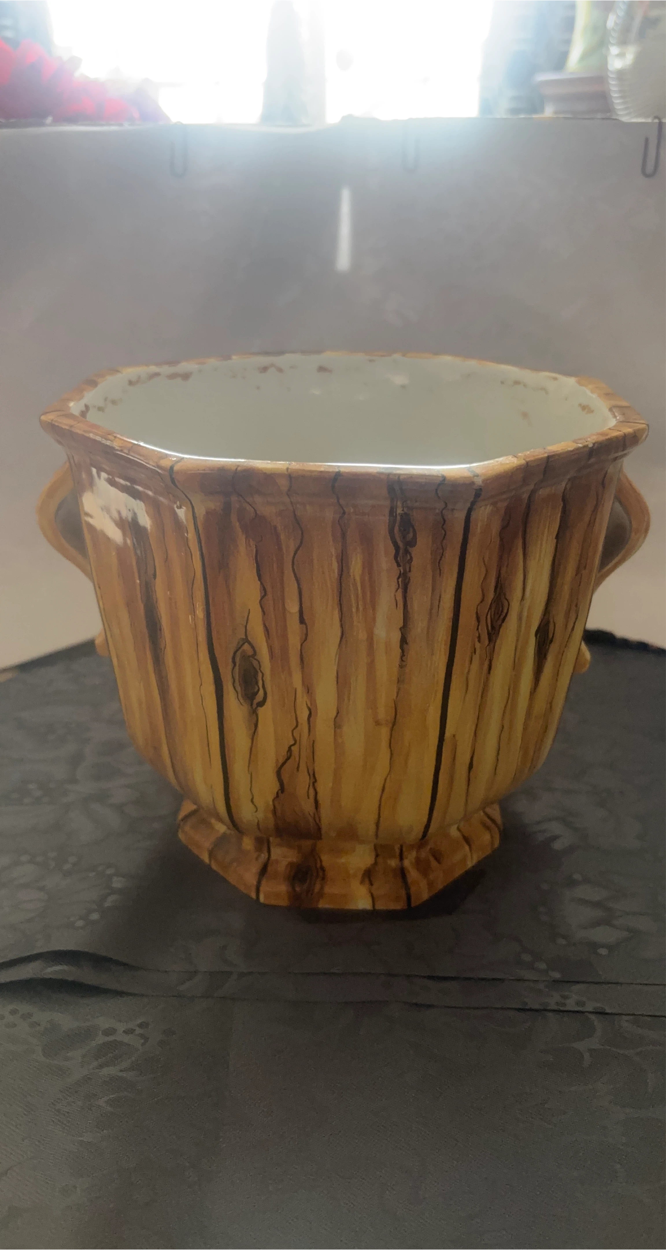 Vintage Wood Grain Ceramic Planter Pot with Handles