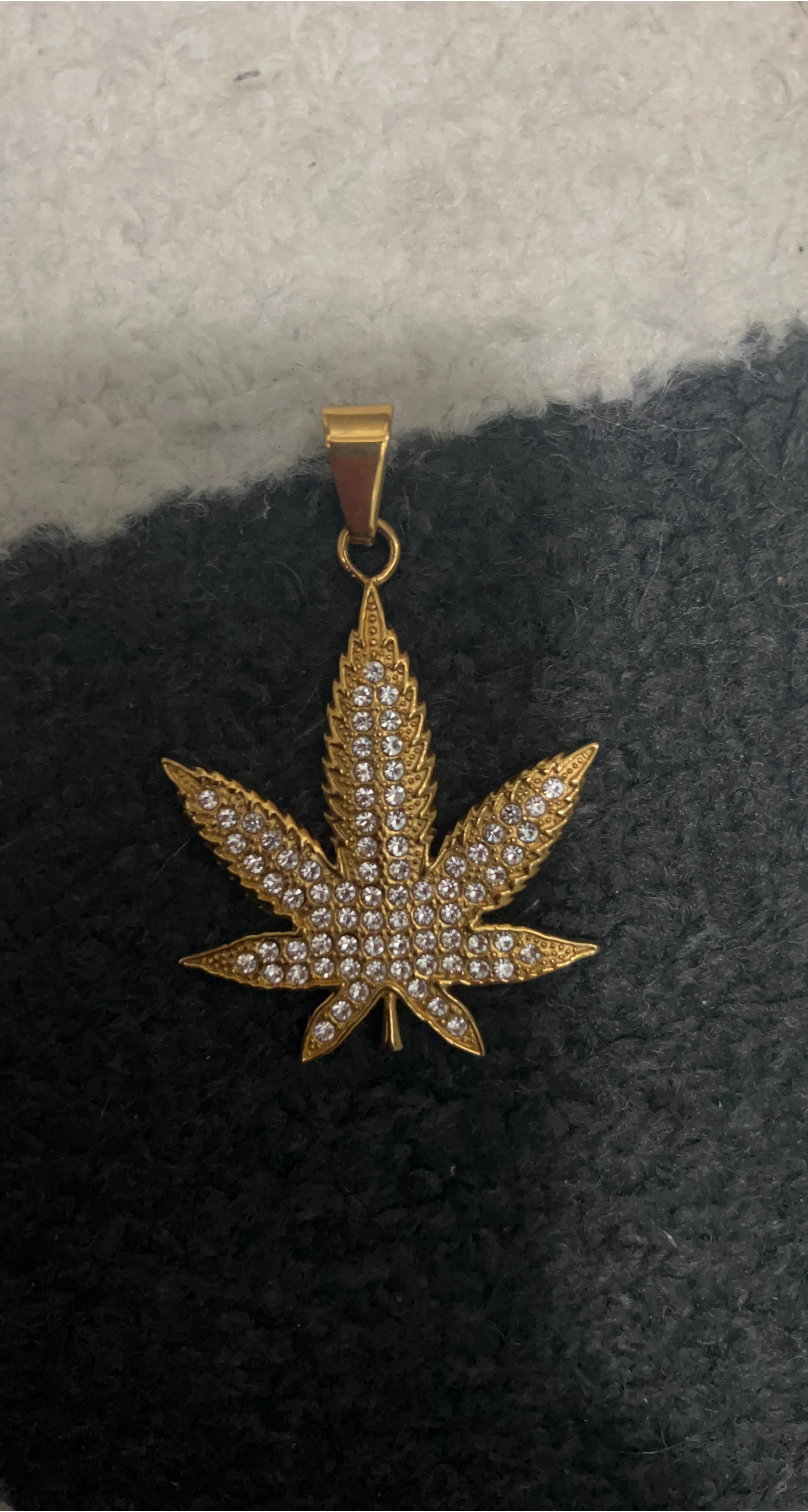 Gold Marijuana Leaf Pendant with Clear Crystals