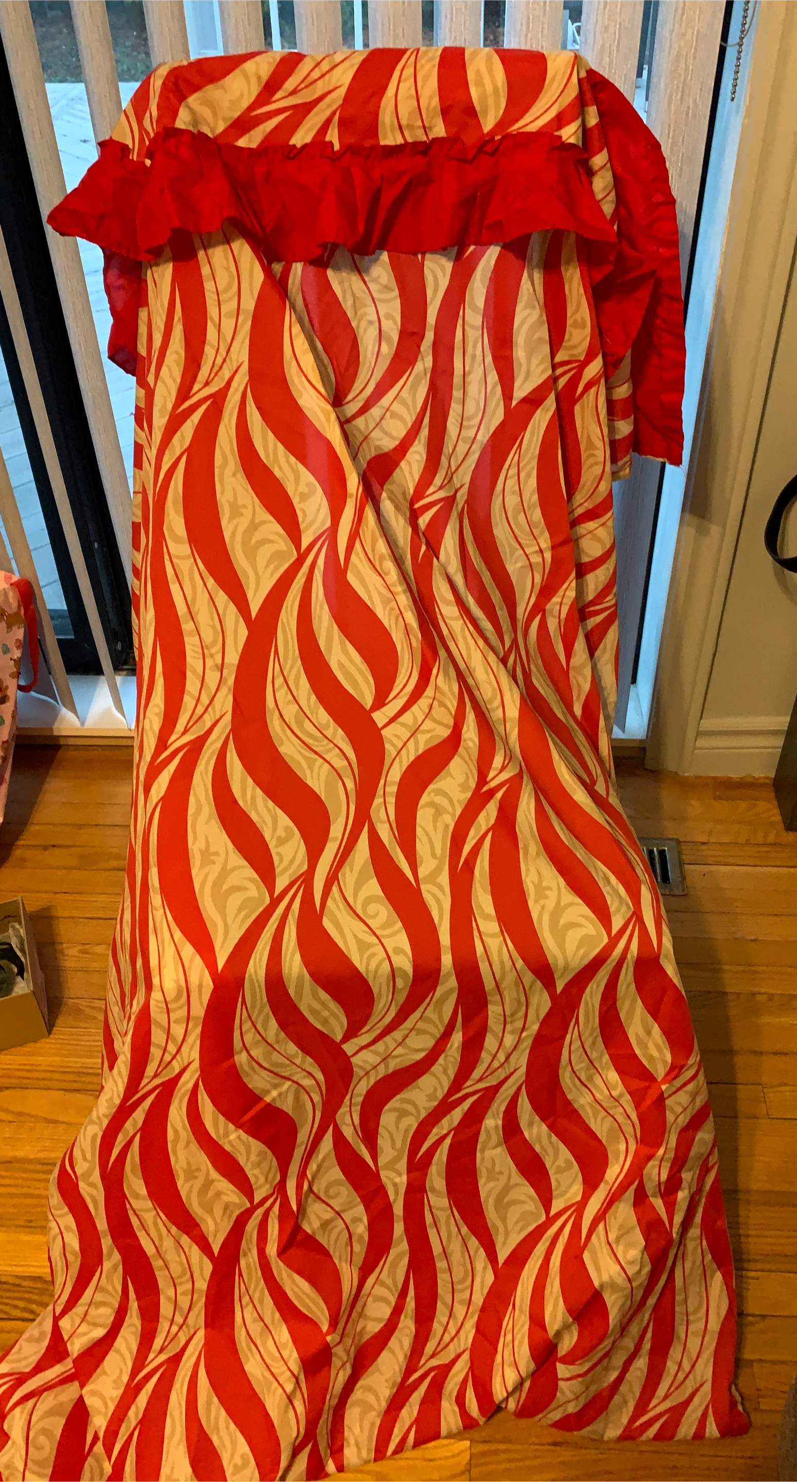 Red and Beige Flame Pattern Curtain with Ruffles