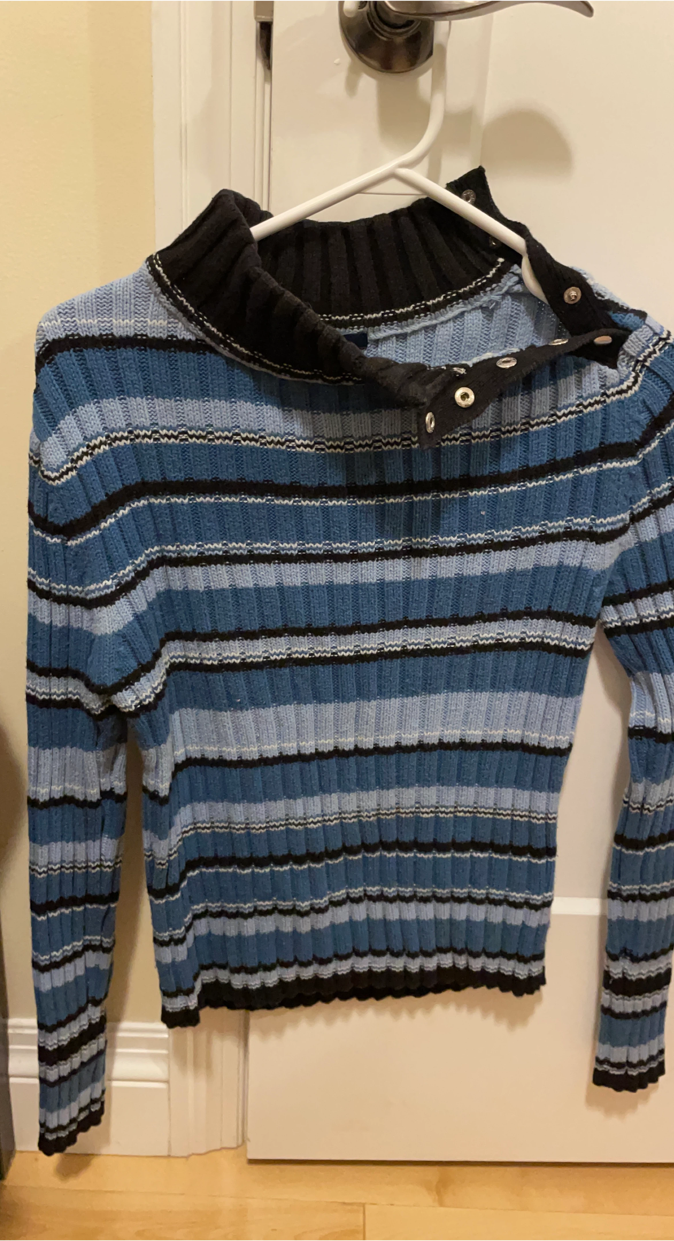 Blue Striped Ribbed Mock Neck Sweater