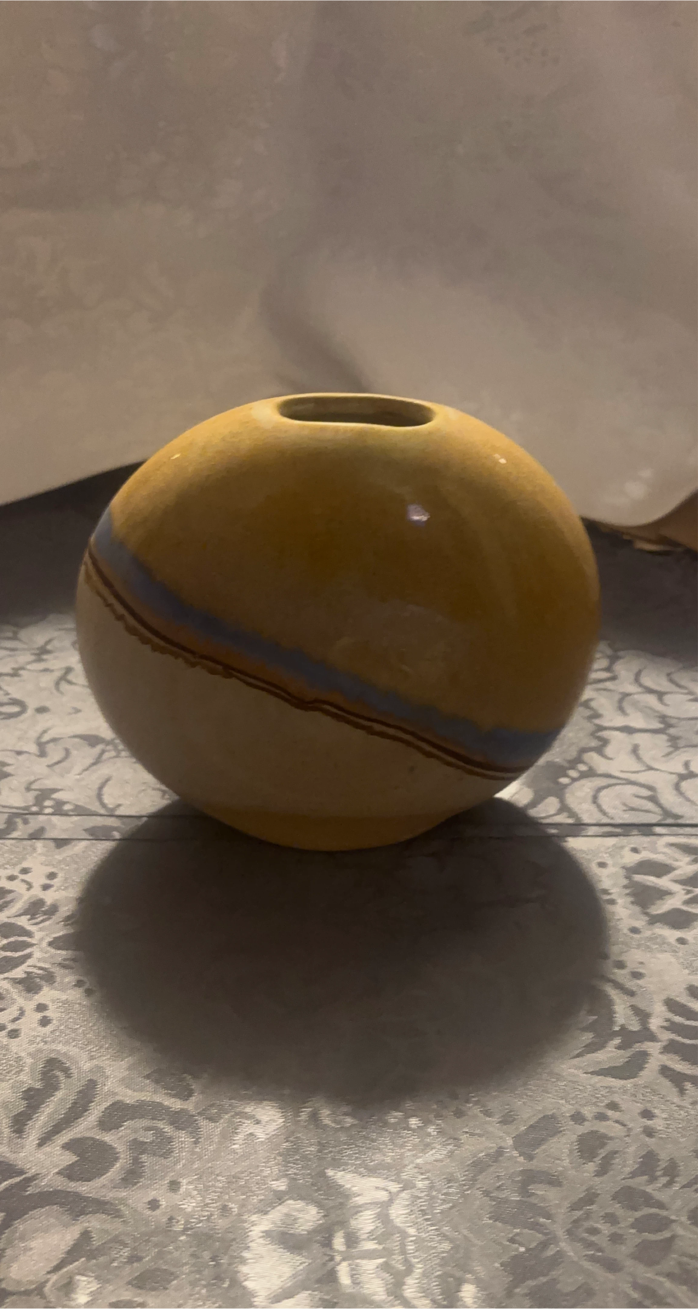 Yellow Round Ceramic Vase with Blue and Orange Stripes