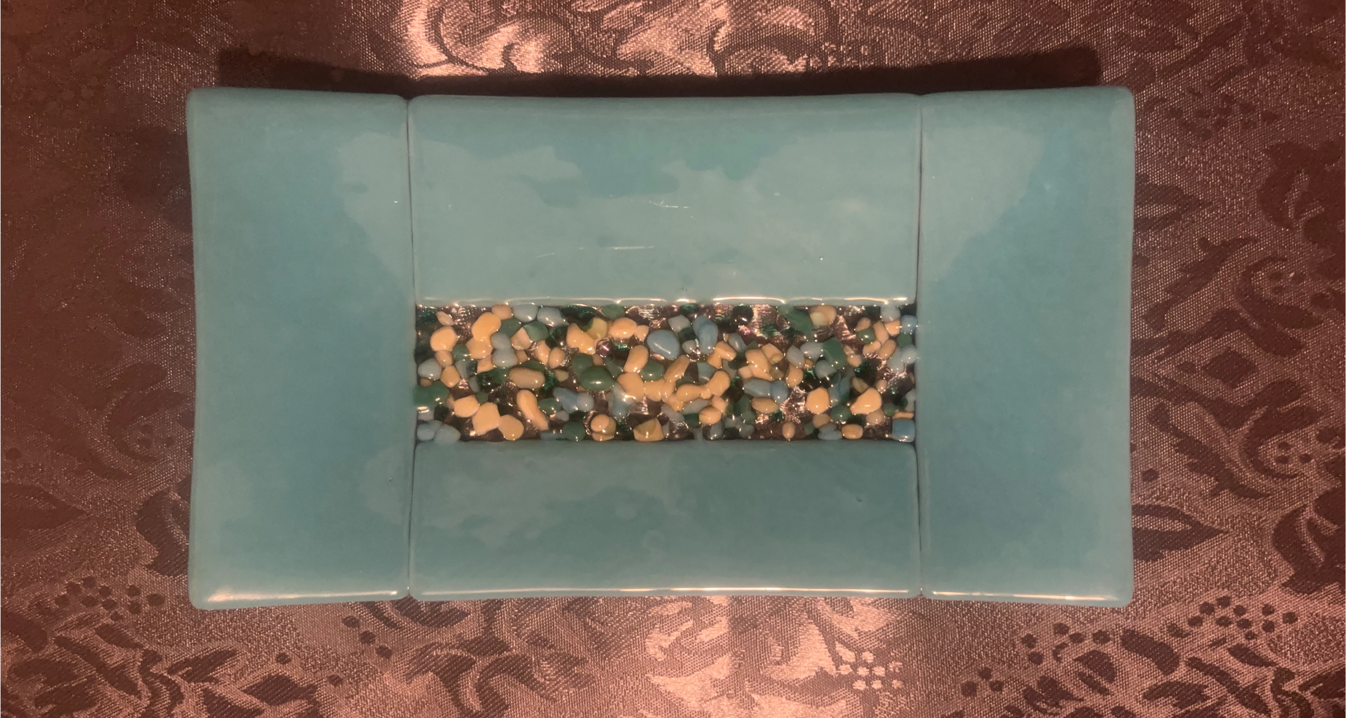 Teal Fused Glass Dish with Decorative Stones