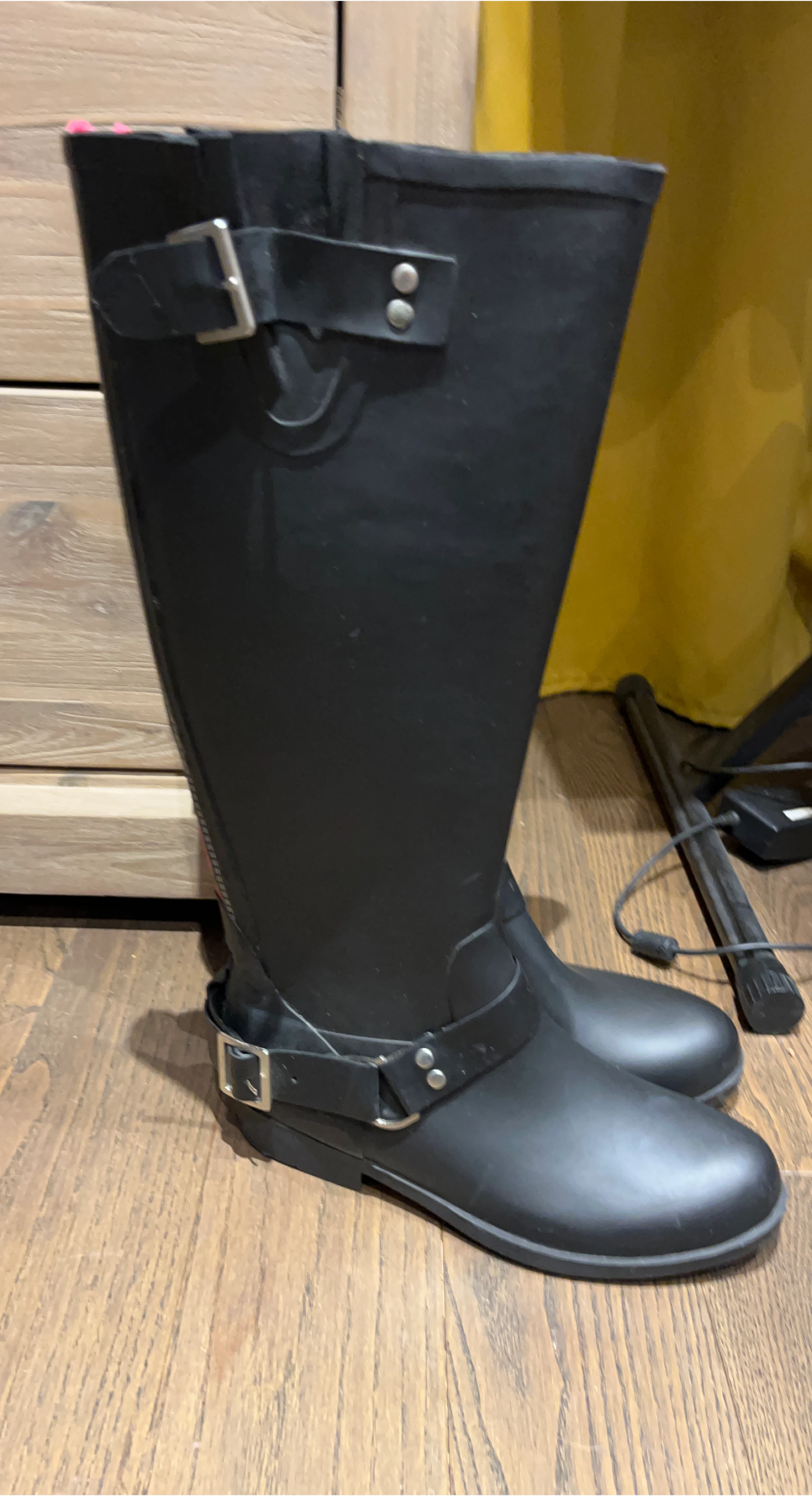 Black Rubber Rain Boots with Buckle Detail