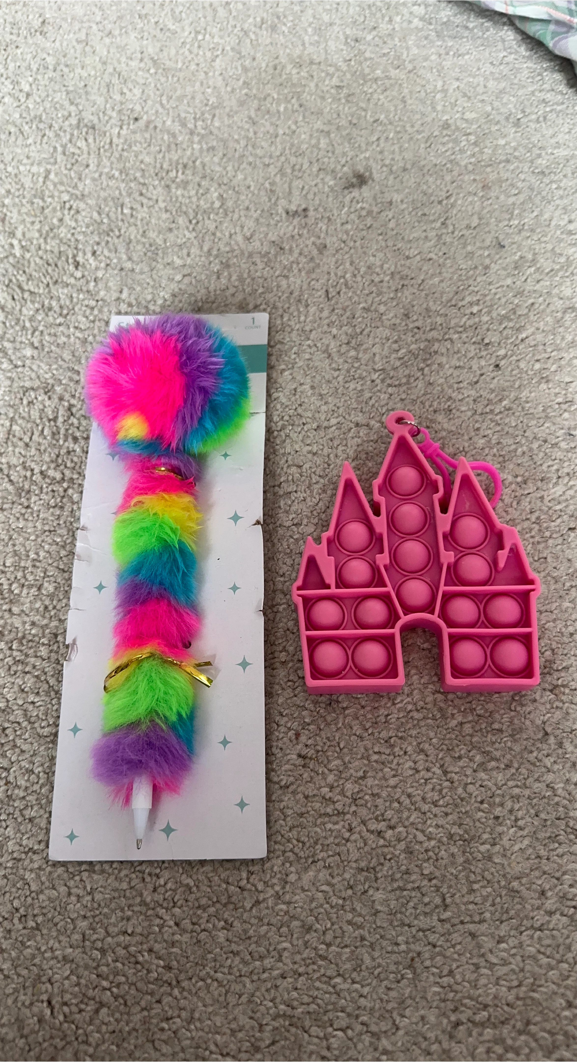Fuzzy Rainbow Pen & Pink Castle Pop-It Keychain Set
